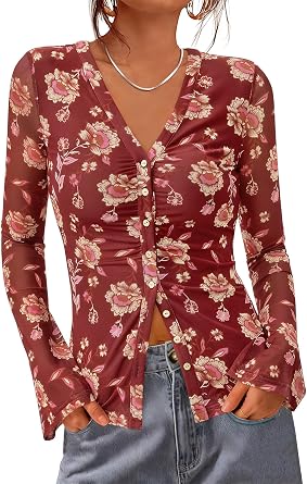 Womens Floral Mesh Button Down Shirt V Neck Long Sleeve Sheer Sleeve Ruched Slim Fit Tops Y2K Going Out