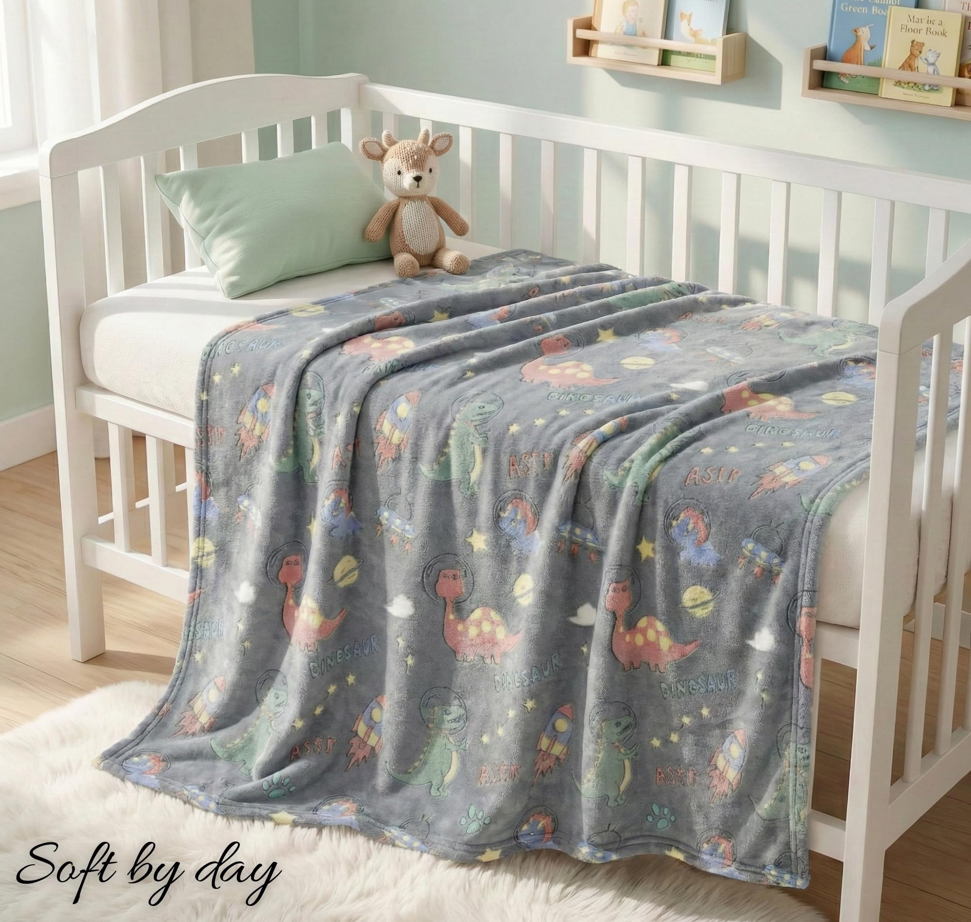 BSB HOME Glow in The Dark Kids Blanket, Soft Flannel Fleece Luminous Blanket for Boys & Girls, Cozy Lightweight Kids Throw for Bed – 30 x 40 in (76 x 102 cm) (Dinosaur & Space Theme - Dark Grey) 2