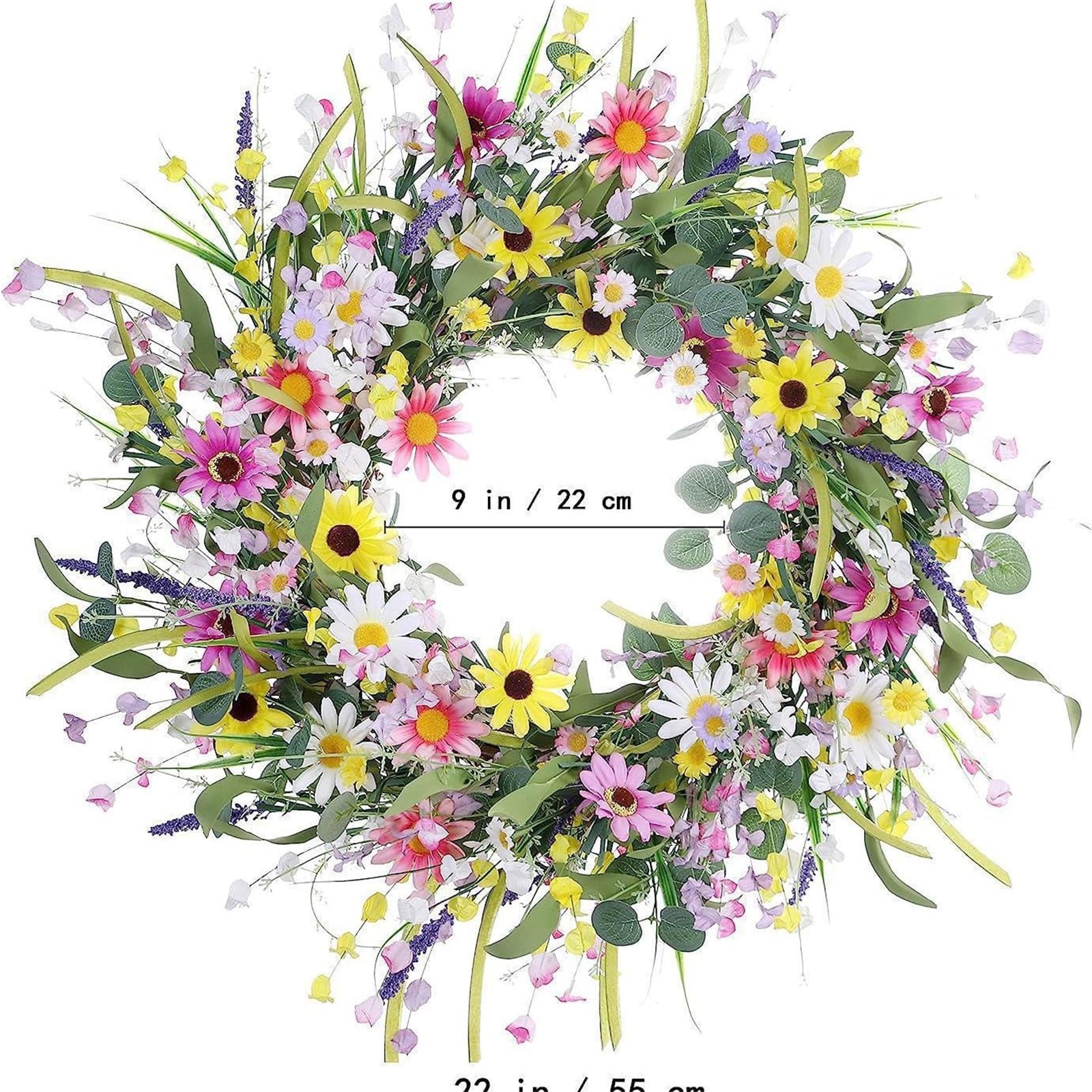 Door Wreaths 55 cm, Spring and Summer Door Wreath, Artificial Flowers, Green Leaves Wreaths, for Front Door Outdoor, Window - Image 3
