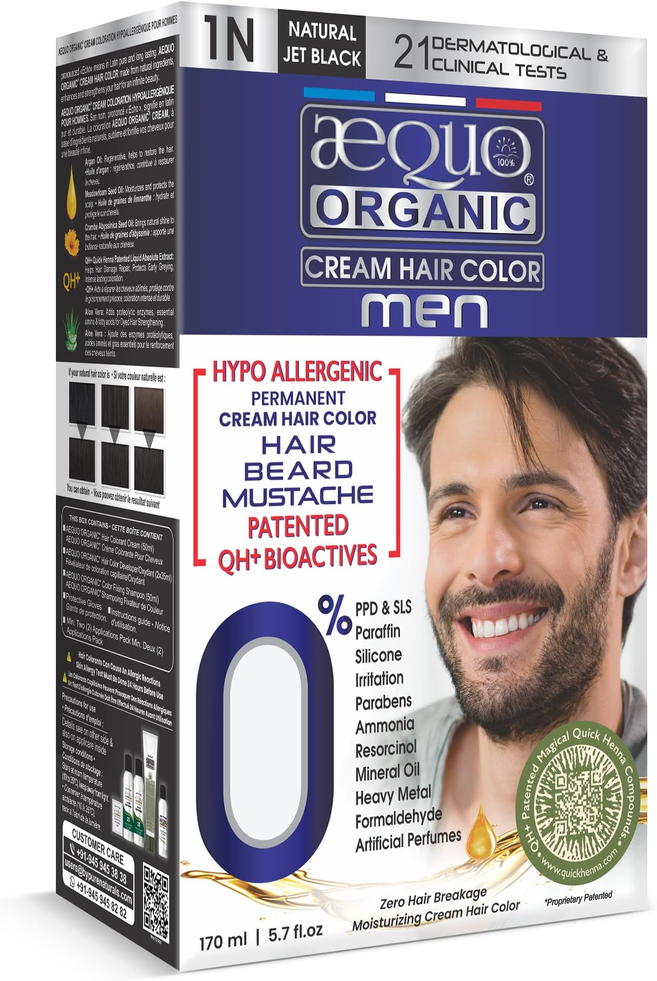 Cream Hair Conditioning Colour With QH+ Water | Natural, 100% Grey Coverage, PPD & Ammonia Free Permanent Hair, Beard & Moustache Color For Men | 1N Jet Black, 170ml, Pack Of 1