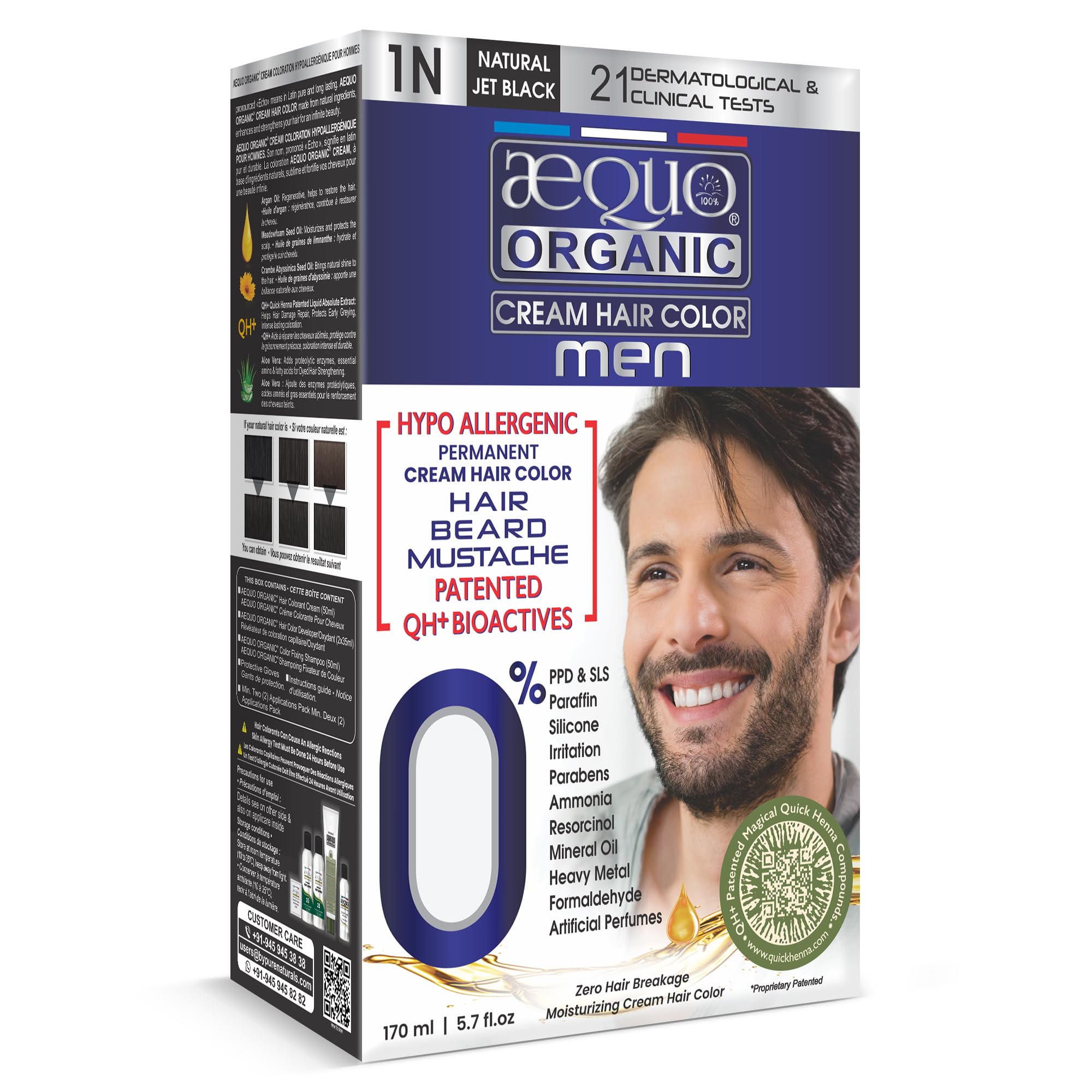 Aequo Organic Cream Hair Conditioning Colour With QH+ Water | Natural, 100% Grey Coverage, PPD & Ammonia Free |Hair, Beard & Moustache Color For Men | 1N Jet Black, 170ml, Pack Of 1