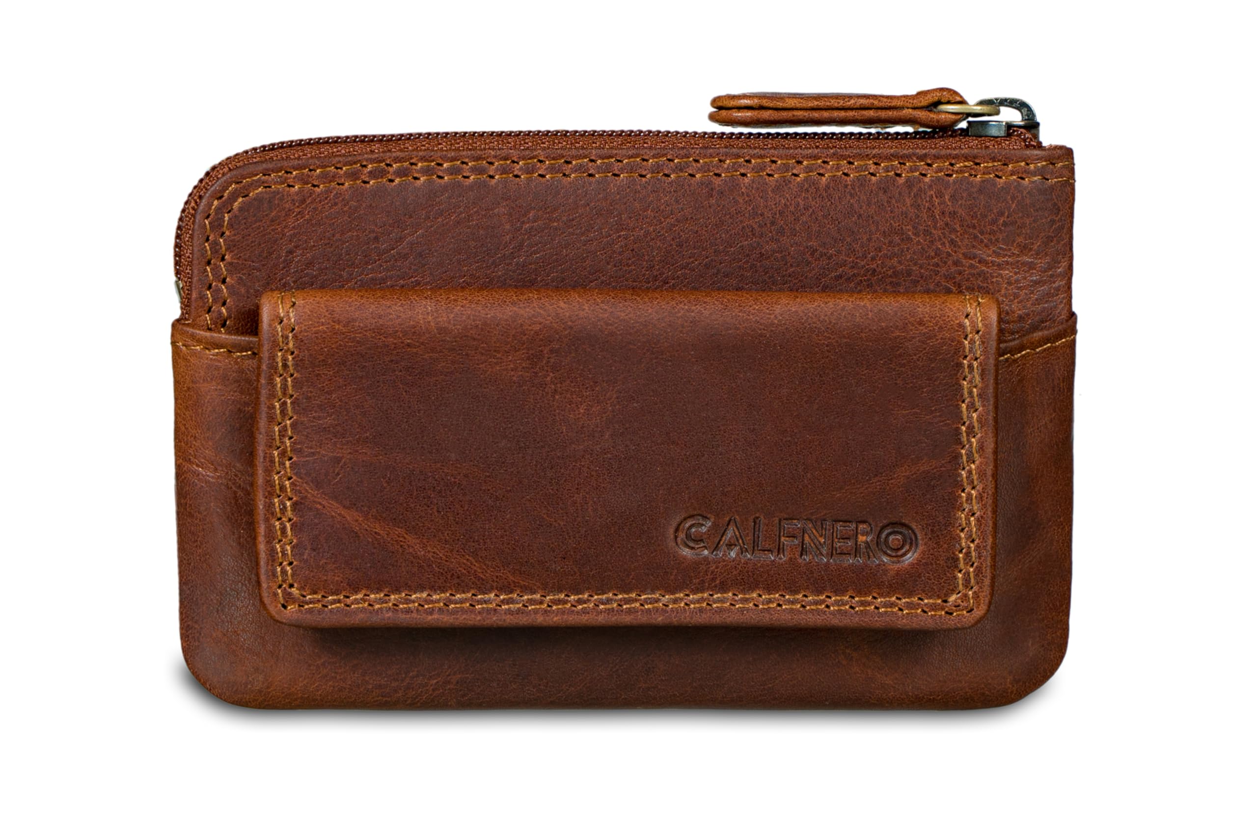 calfnero Genuine Leather Key Wallet for Men & Women | Compact Zip Wallet with Coin Pocket, Card Holder & Dual Keychain Rings | Slim Multipurpose Leather Organizer (Cognac)-picture-47