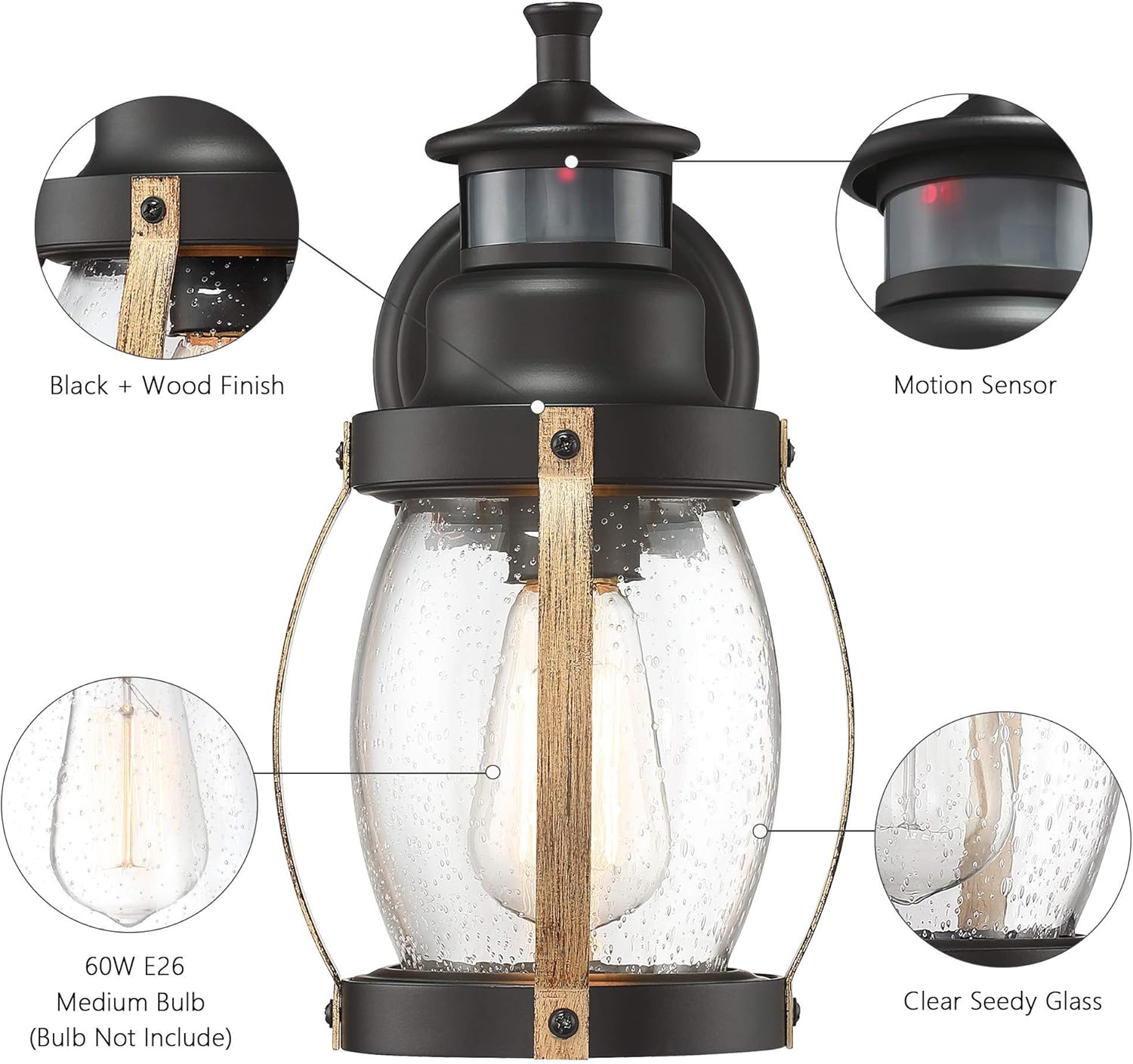 Hоt Dеаlѕ MOTINI Black and Wood Outdoor Wall Lantern with Motion Sensor, 12'' Vintage Exterior Wall Lights with Clear Seeded Glass Shade Rustic Waterproof Wall Mount Lighting Fixture, ETL