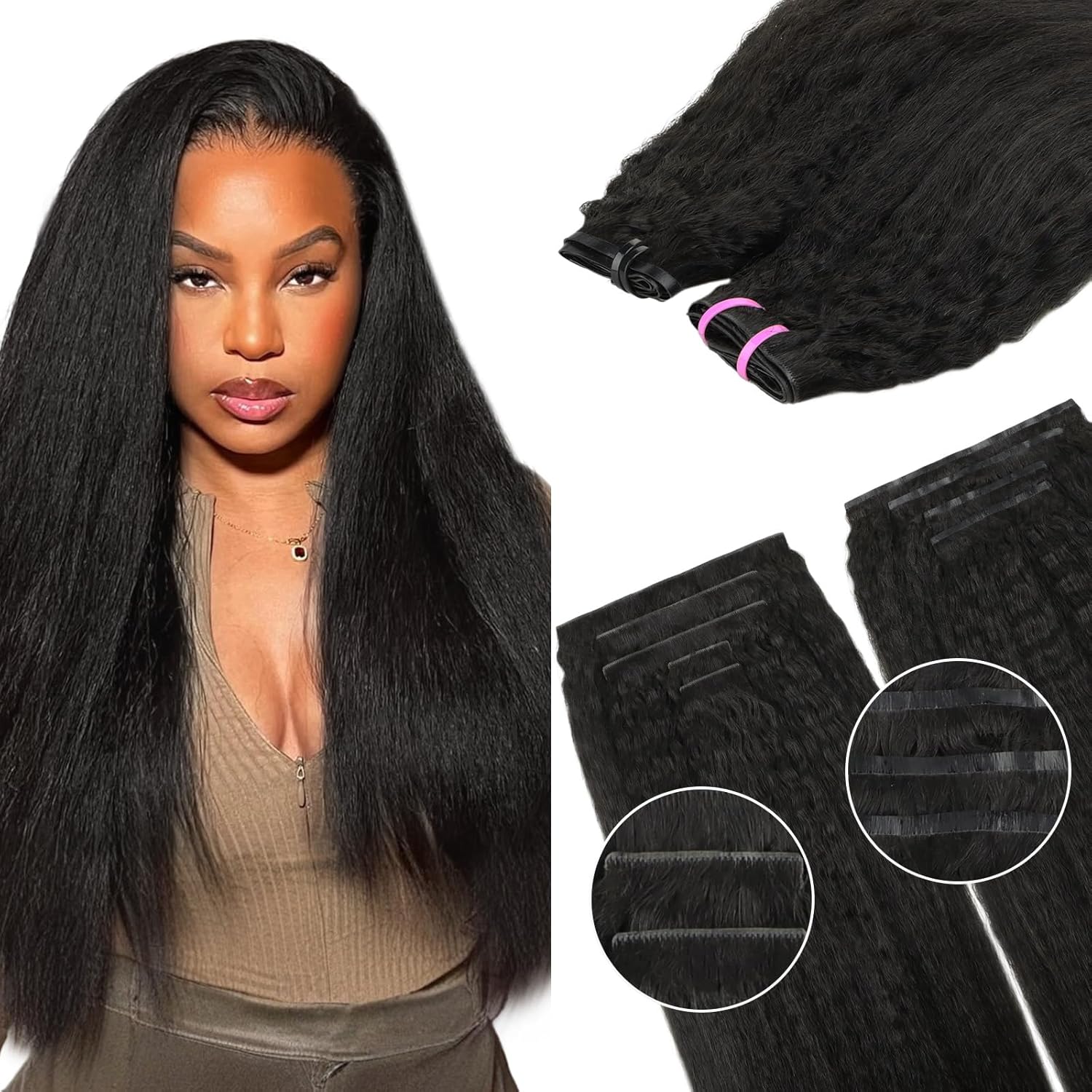 Lashey Invisi Edge & Seamless Clip in Hair Extensions Human Hair, 16 Inch 130g 9pcs(5pcs Invisi Edge& 4pcs Seamless) Real Virgin Human Hair Extensions, Natural Black Kinky Straight Hair
