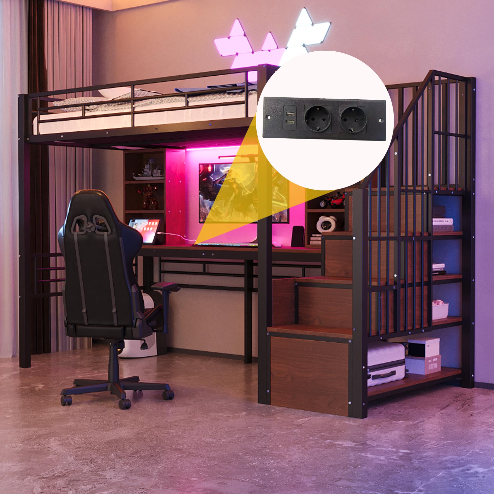 Soweiz Letto a soppalco 90 × 200 cm, con scrivania, presa europea e illuminazione a LED, scala di stoccaggio (montaggio a sinistra/destra), alta griglia di protezione, letto singolo, telaio in ferro