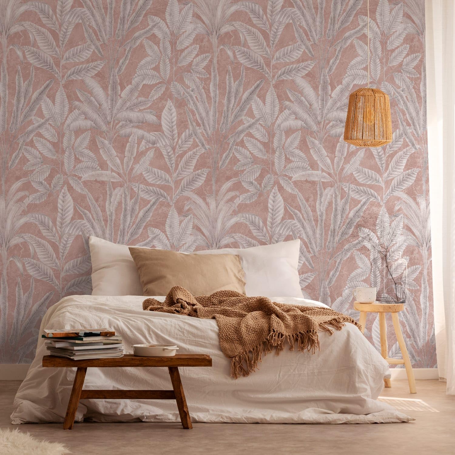 Papier peint palmiers haut de gamme intissé rose gris Profhome 393161-GU