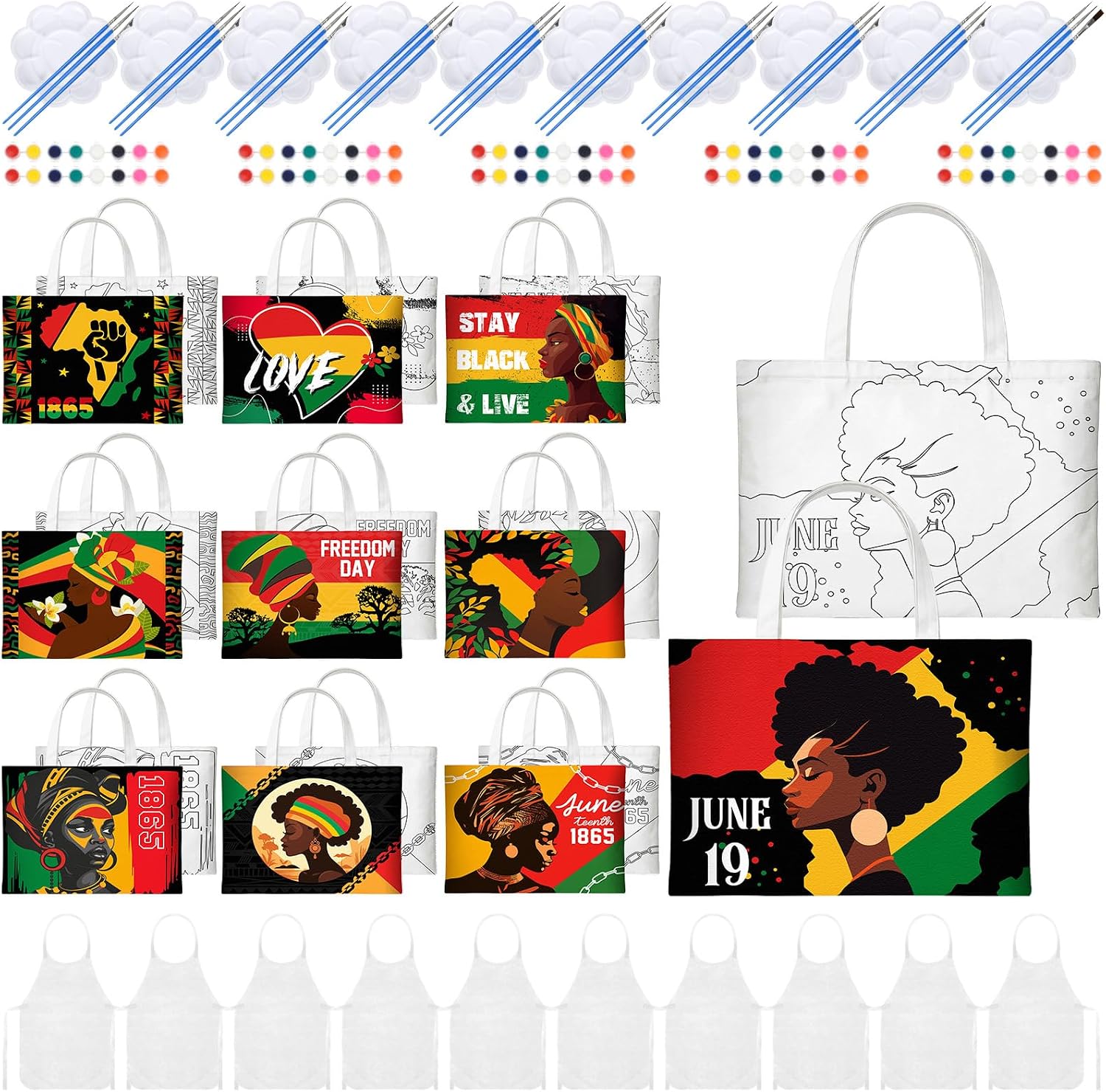 10 Set Pre Drawn Canvas Bags Set Paint and Sip Kit for Adults Painting DIY Tote Bags Making Kit with Paintbrushes, Paints, Apron, Palette for Painting DIY Party Women Adults