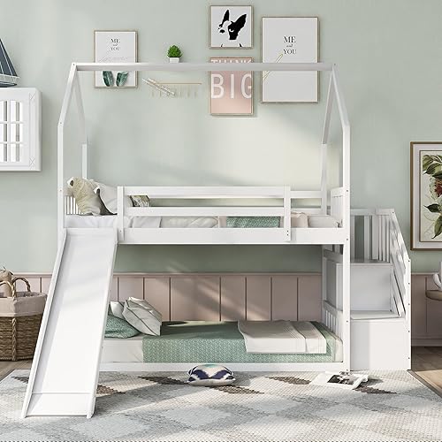Twin Over Twin House Bunk Bed with Convertible Slide, Wooden Bunk Bed Frame with Stairs, Storage Staircase can be Placed Left or Right, White
