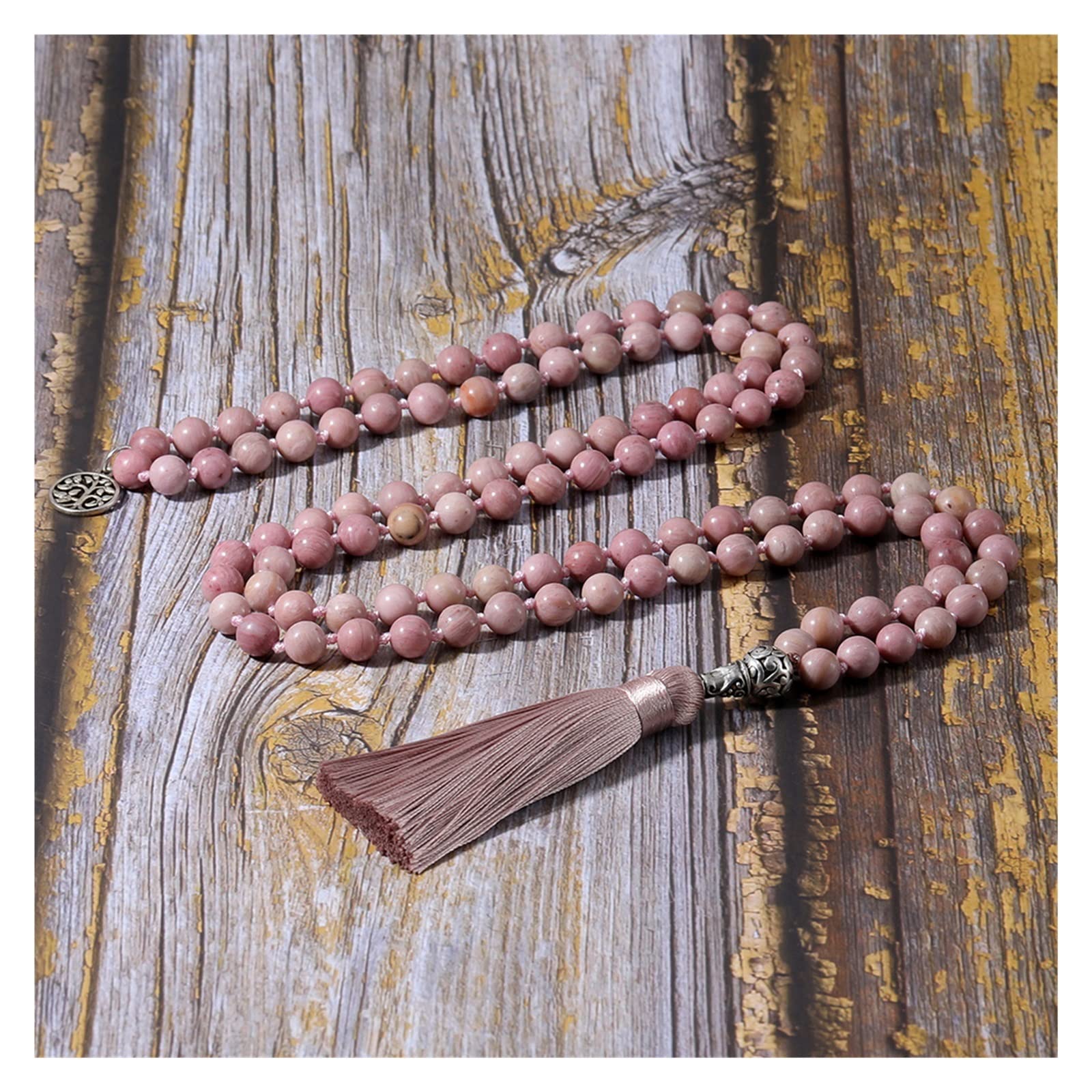 Collar de Japamala Anudado con Cuentas de rodocrosita Natural de 8mm, joyería de meditación Yoga Spirit 108 Mala con Colgante de árbol de la Vida (Color : Blue Vein)