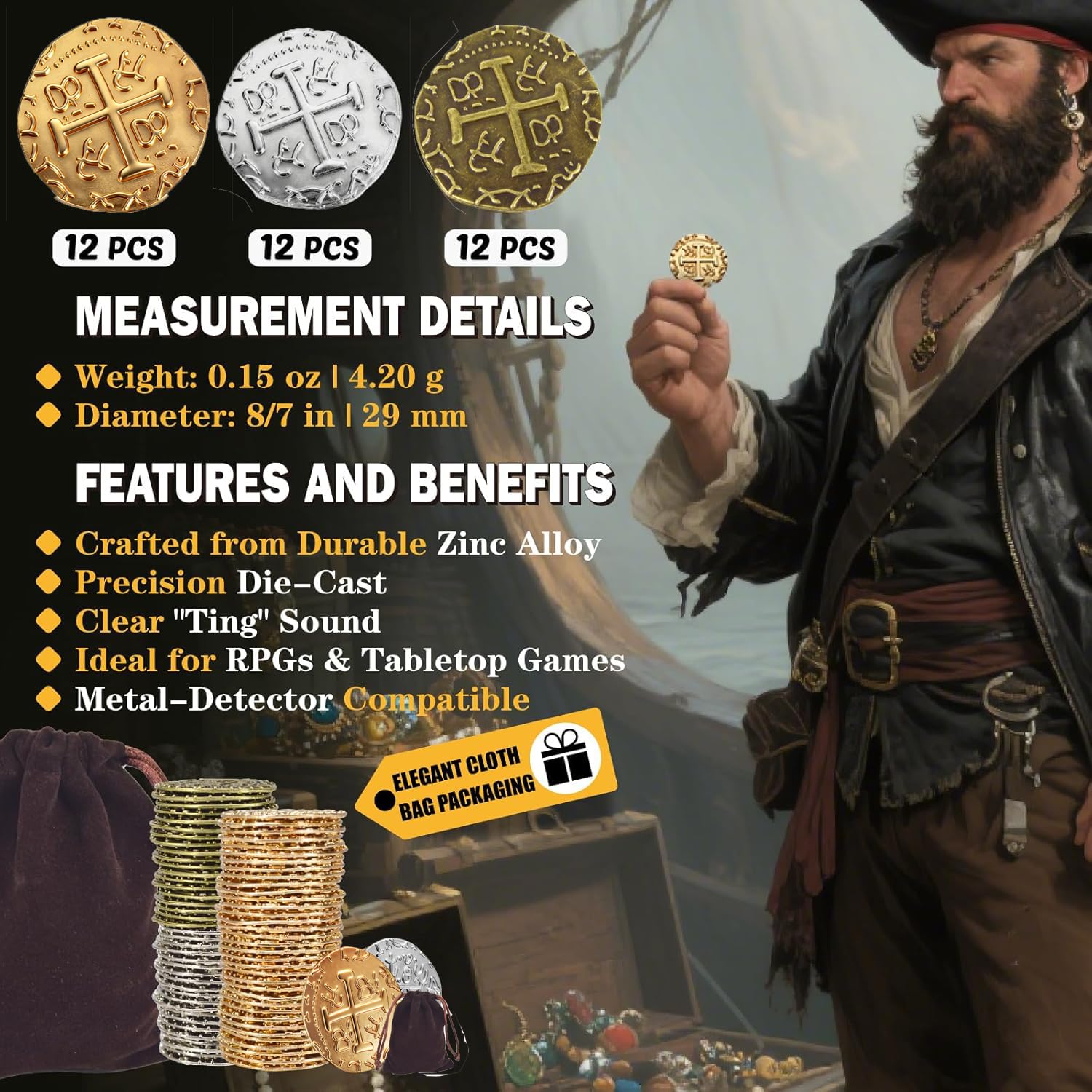 ZUCOS Set di monete da pirata, in metallo, decorazione per giochi da tavolo DND, cosplay, realistica medievale, tesoro dei pirati (oro 12, argento 12, Copper 12, Large)