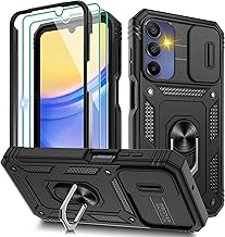 Pilaru 3 in 1 for Samsung A15 Phone Case | With Front Frame | [Separate] 2 Screen Protector & Kickstand Ring & Camera Cover Military Grade Drop Shockproof Protection for Galaxy A15,Black