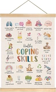Healthy Coping Skills Poster for Kids, 14x18.5 Inch Mental Health Educational Wall Art, Mindfulness Classroom Decor, Emotional Regulation Therapy Office Canvas Hanging for Bedroom or School (Colorful-Health)