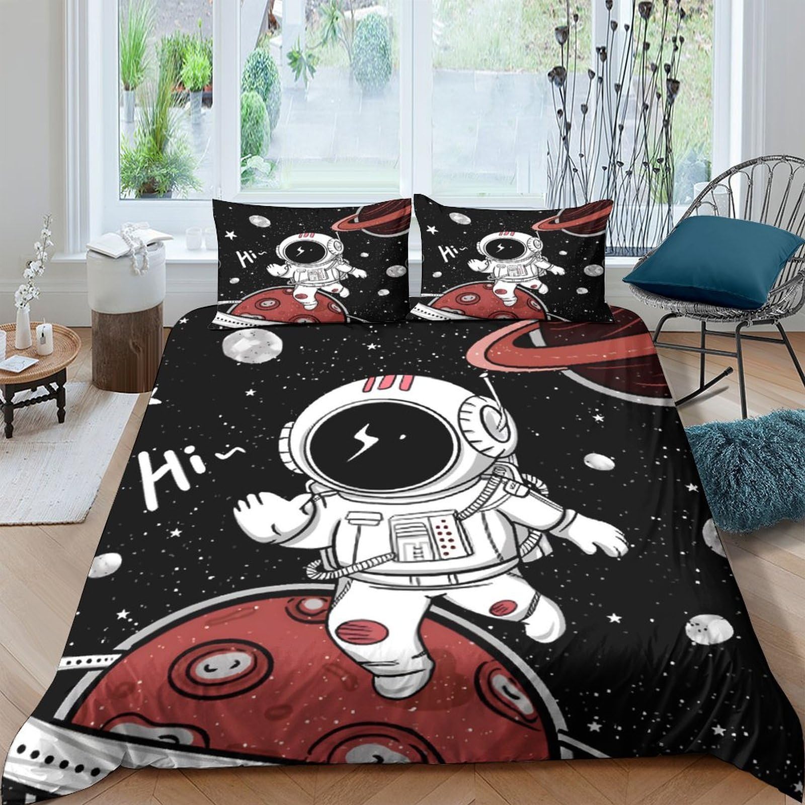 Ctjqhvkz Style-2 3D Printed Cartoon Astronaut Fitted Sheet Microfiber Soft Black Red Space Planet Mattress Cover Bedroom Decor Single（135X200cm）