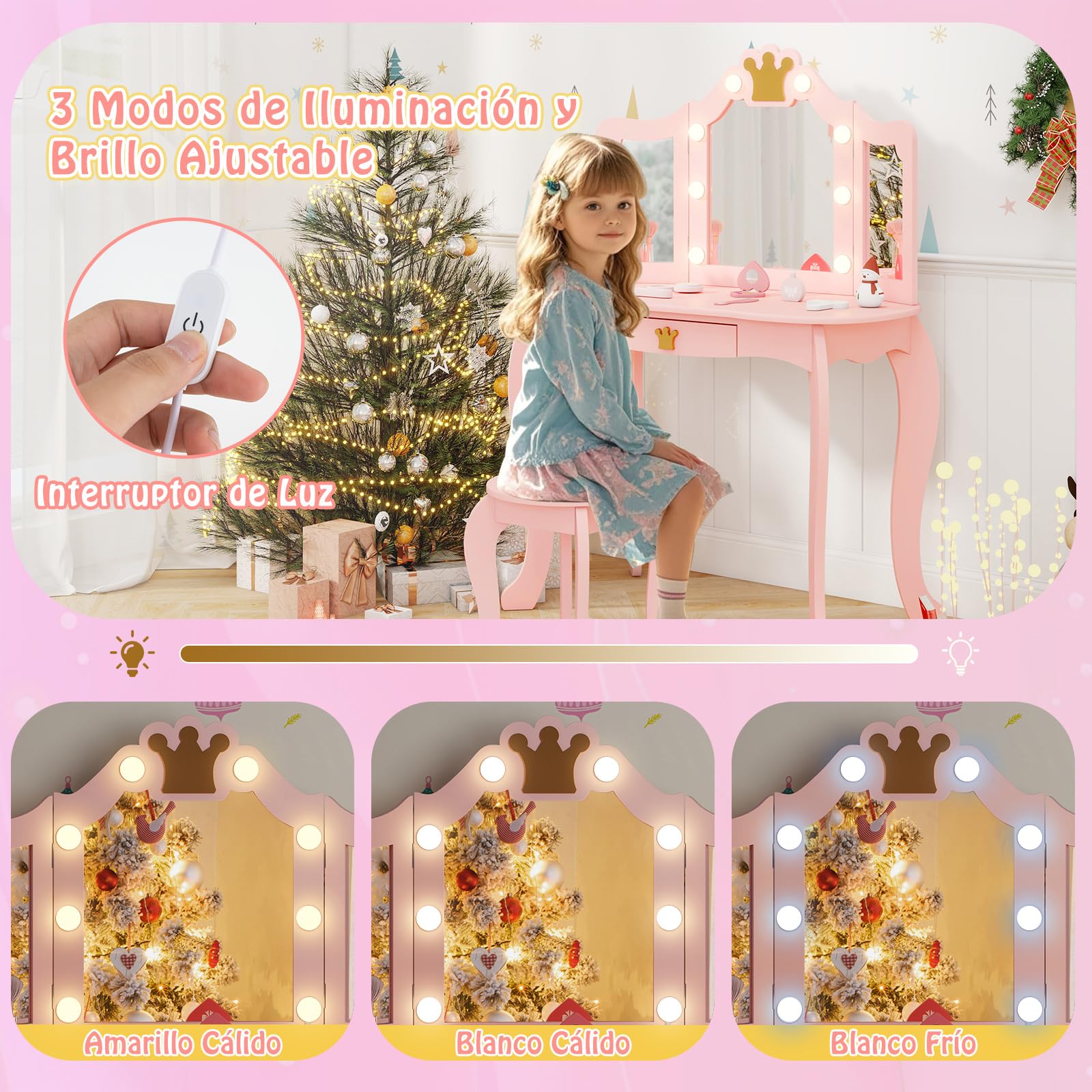 COSTWAY Tocador de Maquillaje Niña, Tocador Niña Madera con Espejo Plegable y 8 Bombillas, Juego de Mesa y Silla de Princesa con Brillo Ajustable, Cajón Extraíble y Taburete (Rosa, con Luces)