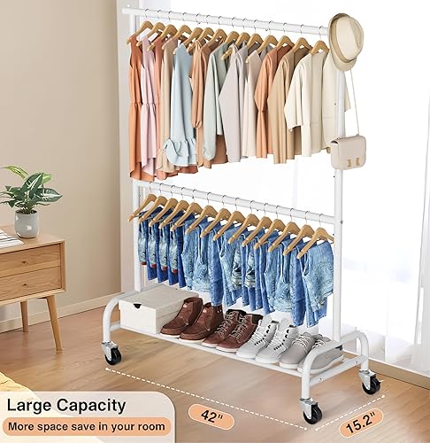 Miniatura 9 de MISSLO Percheros resistentes para colgar ropa perchero rack de ropa con ruedas de metal, ajustable, blanco y plateado