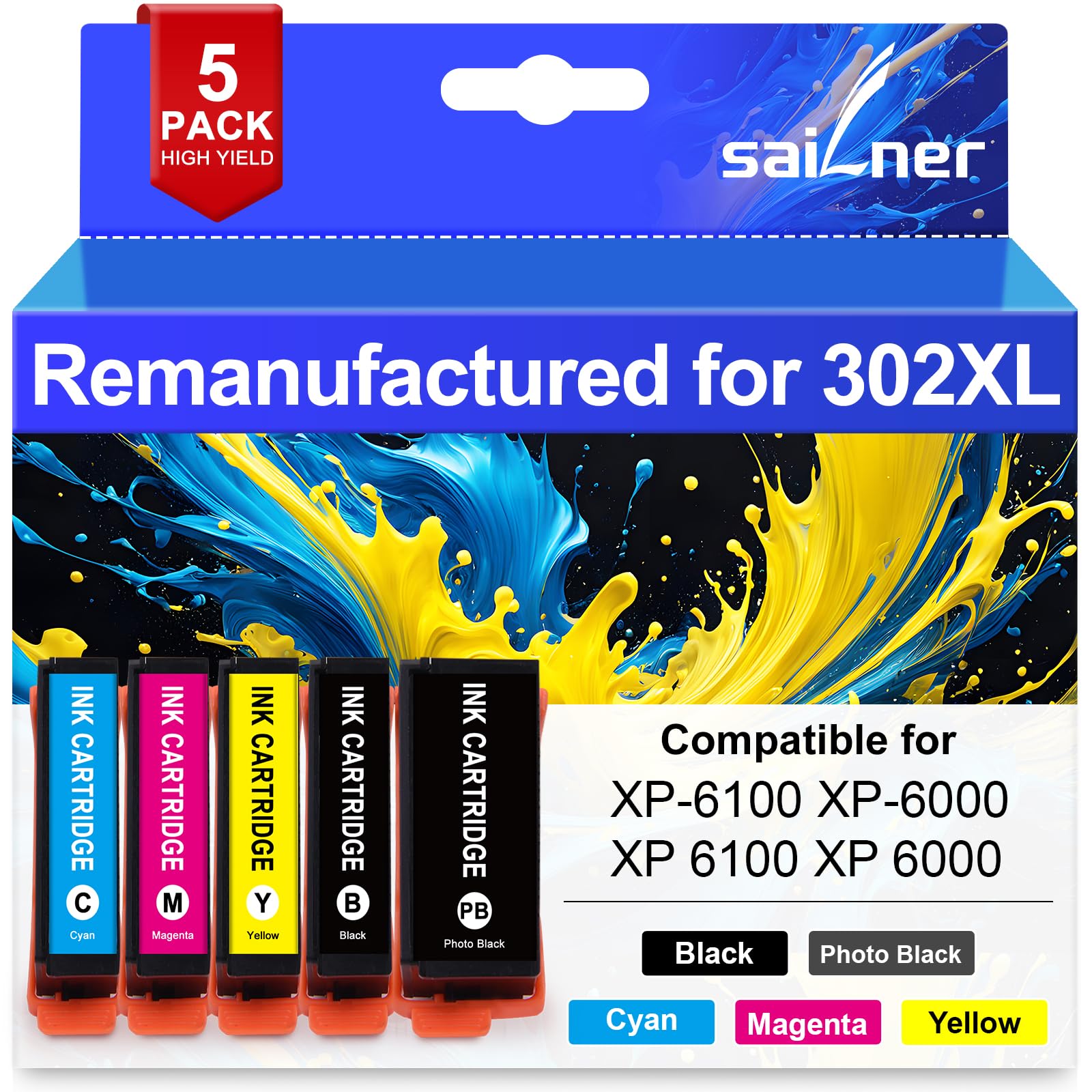 SAILNER Remanufactured Replacement for Epson 302 302XL Ink Cartridges Multipack Ink 302 XL T302XL Use for Epson XP-6100 XP6100 XP 6100 XP-6000 XP6000 Printer Ink Cartridge (BK/PBK/C/M/Y, 5-Pack)