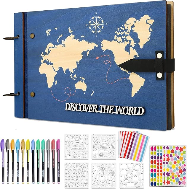 ZEEYUAN Wooden Adventure Book Photo Album 6x4 Scrapbook Travel Scrapbook Album 60 Pages DIY Photo Book Scrapbooking Kits