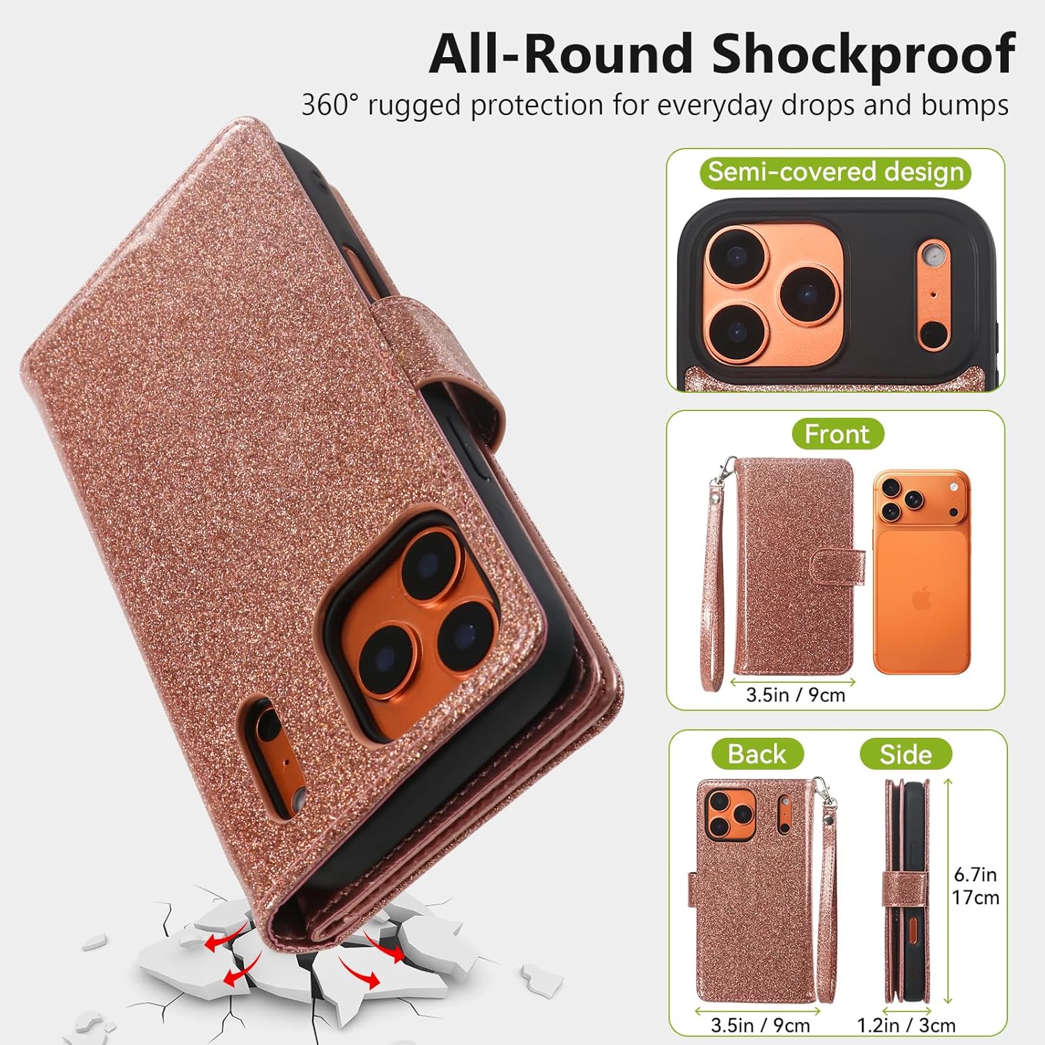 Varikke for iPhone 17 Pro Max Wallet Case Detachable with RFID Blocking Card Holder for Women, Glitter PU Leather Strap Magnetic Flip Removable Phone Case Cover for iPhone 17 Pro Max 6.9", Rose Gold - Image 5