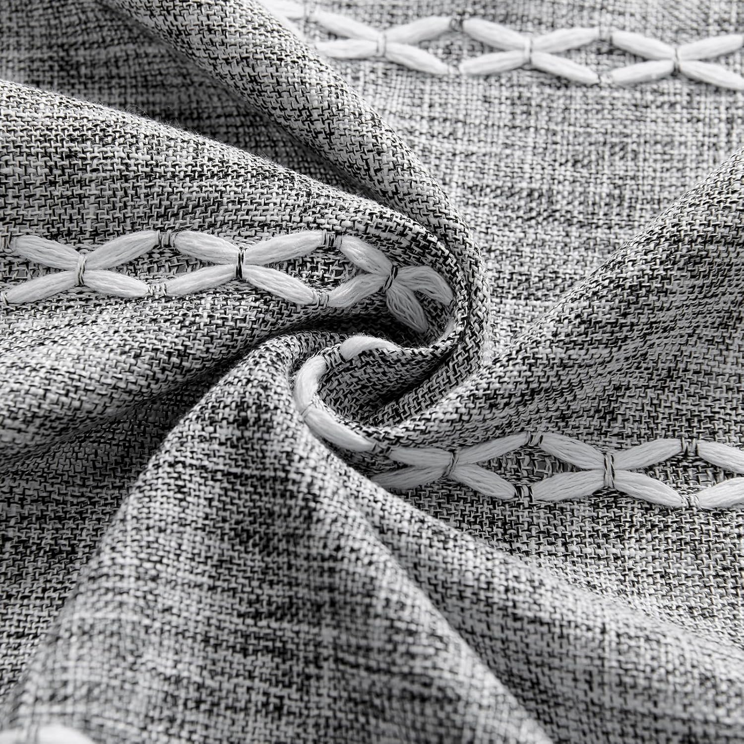 MitoVilla Dark Grey Boho Linen Bedroom Curtains 84 Inch Length 2 Panels Set, Farmhouse Cotton Curtains for Living Room, Bohemian French Country Window Curtain Panels Tassel Draperies, 52’’W x 84’’L