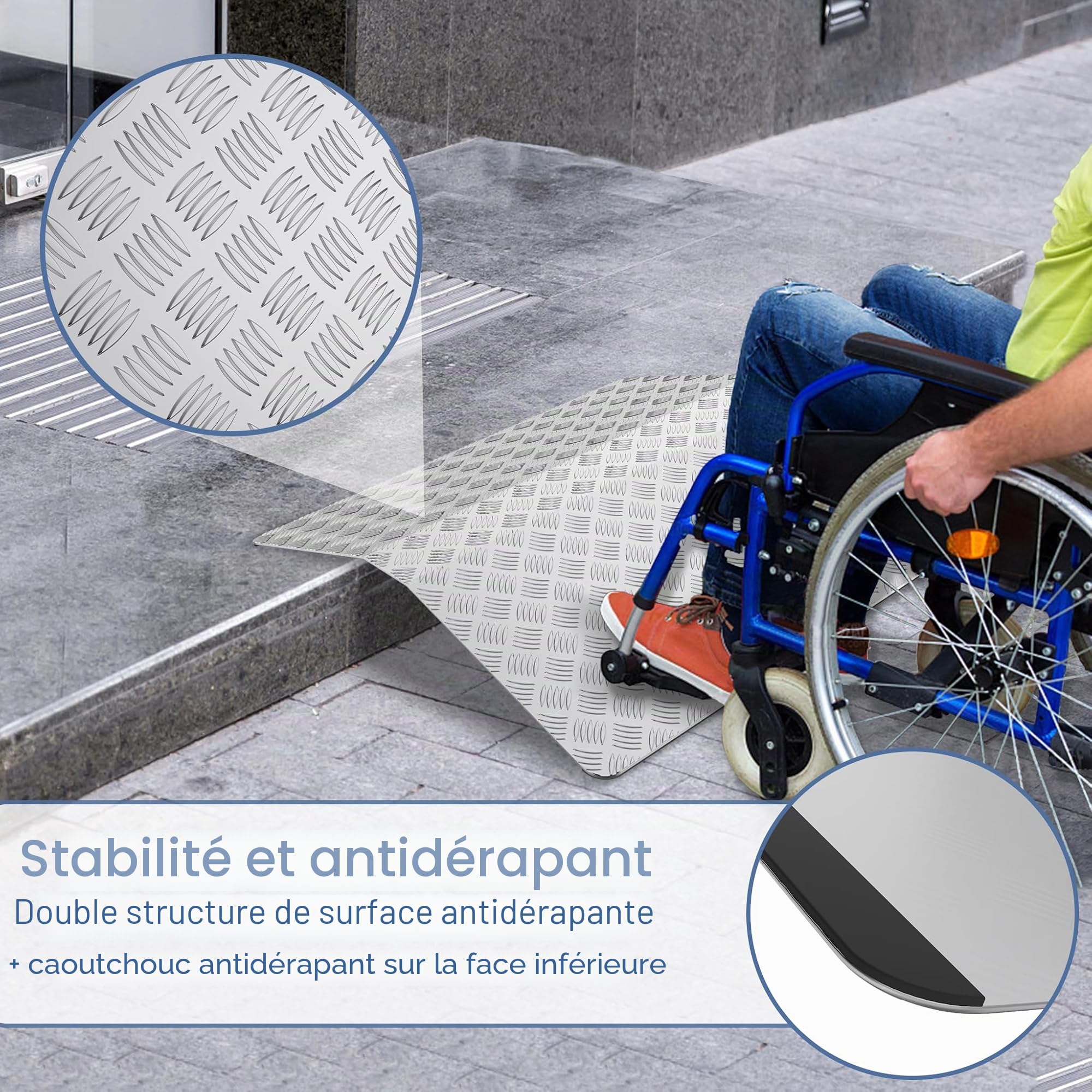 UISEBRT Rampe de seuil de porte, pour fauteuil roulant, en aluminium, antidérapante, portable, avec poignées, capacité de charge 270 kg (100 x 70 x 10 cm)