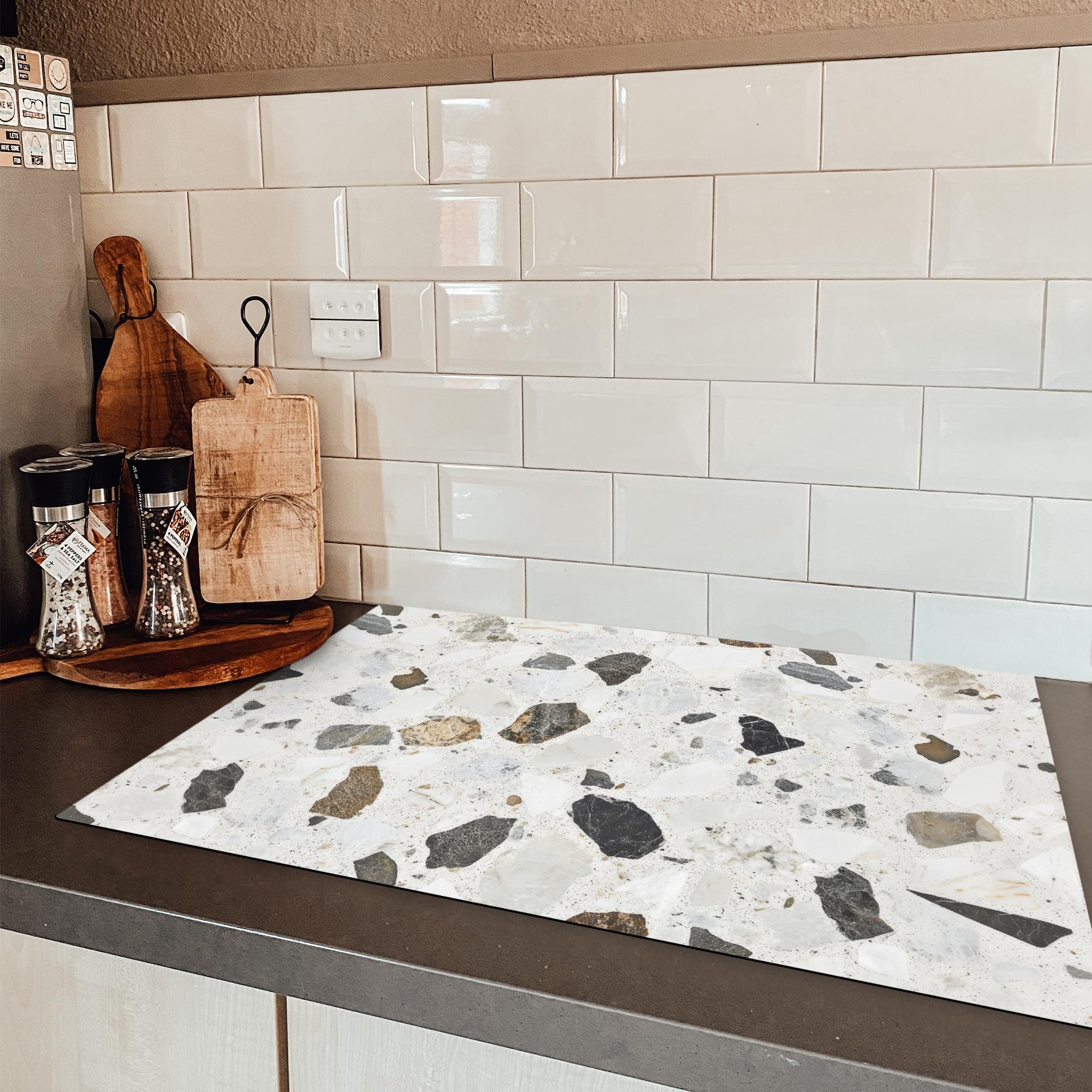 KitchenYeah© Protection Plaque Induction Protege Deco Cuisine Cache Protège | 78x52 cm - De Cuisson Accessoires Marbre - Terrazzo - Décoration - Intérieur