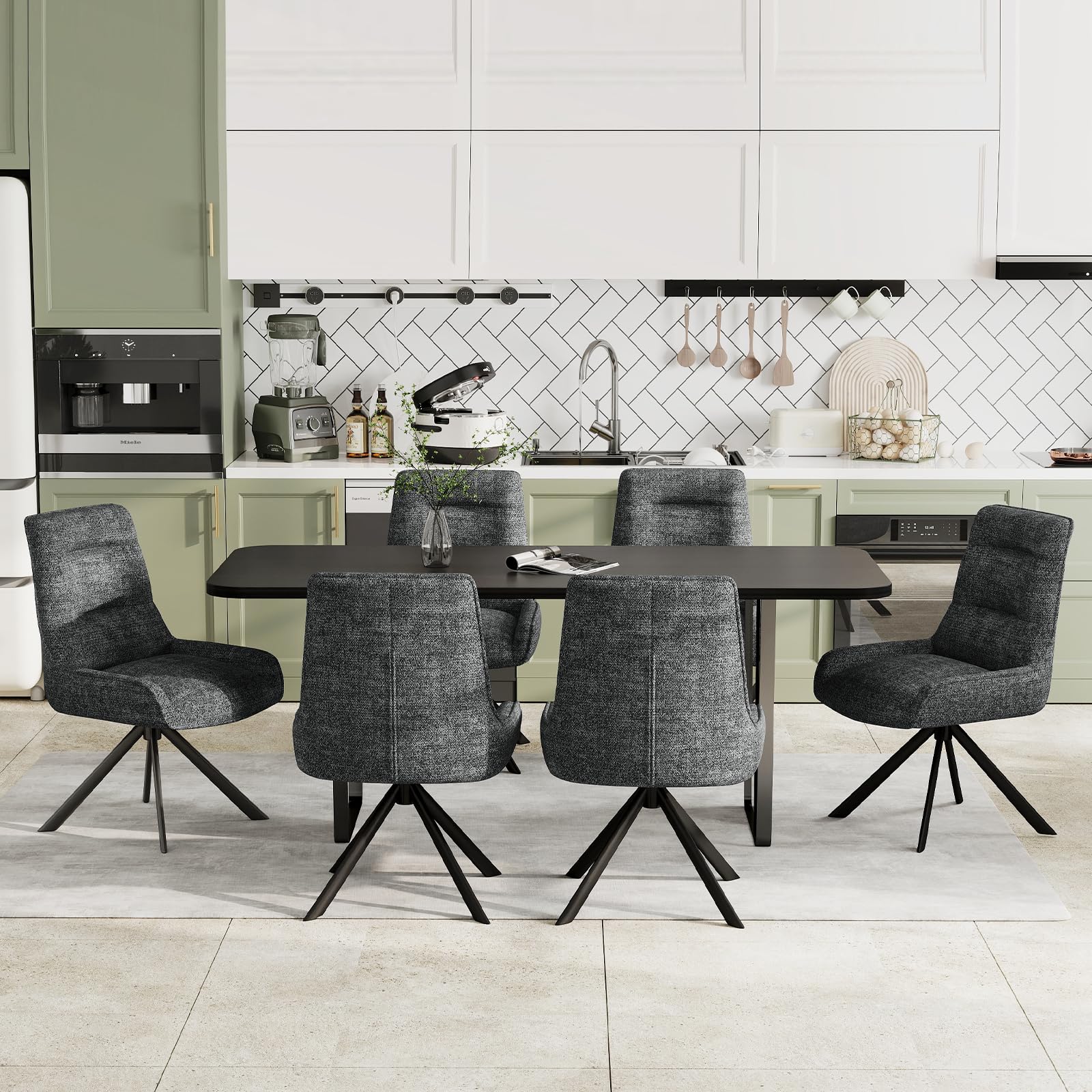 Drehstuhl Esszimmer, 4er Set 360° Drehbar Esszimmerstuhl, Küchenstuhl, Polsterstuhl aus Chenille, Schminkstuhl mit Hoher Rückenlehne und Metallbeine für Esszimmer Küche Büro, Dunkelgrau