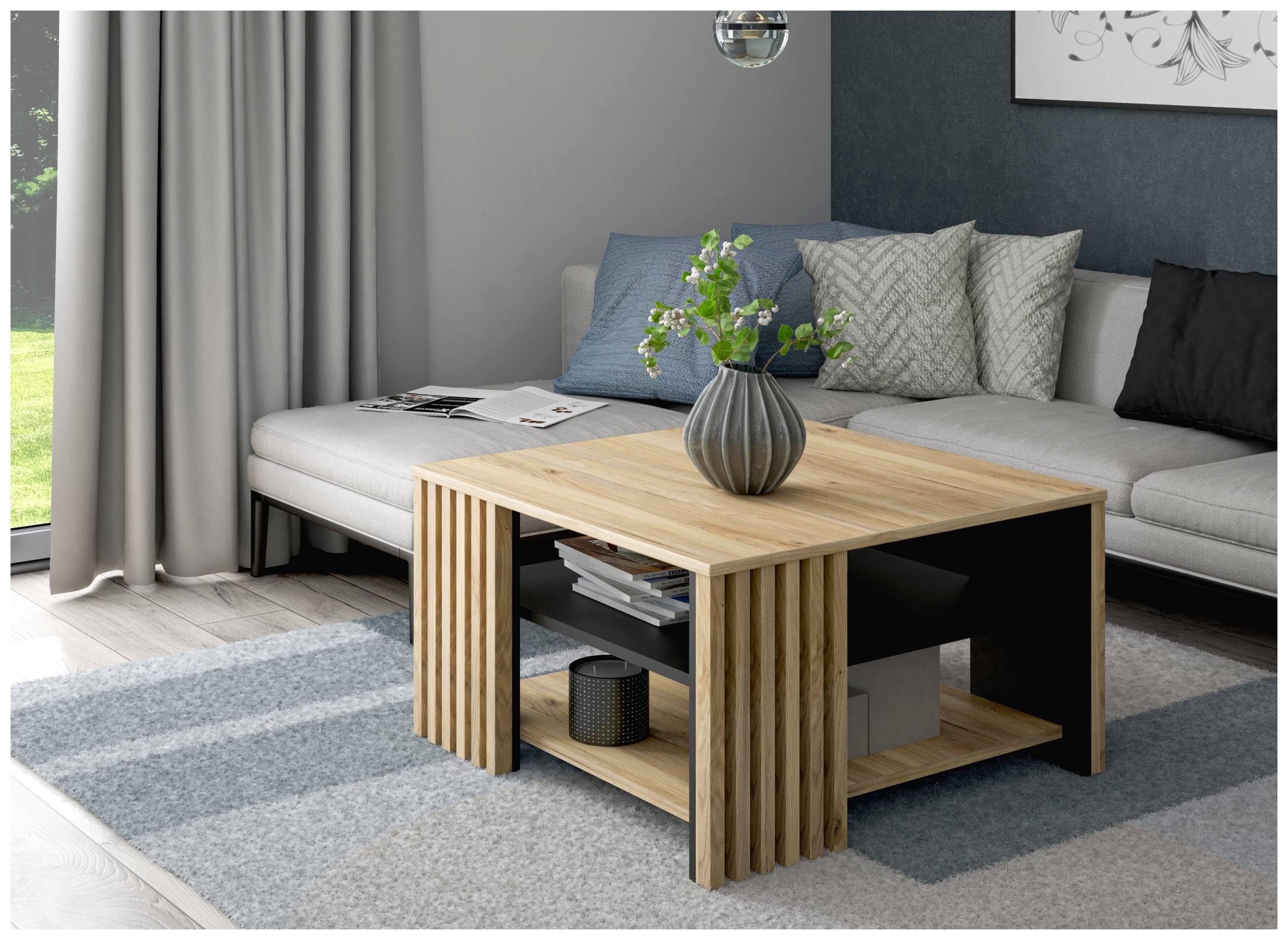 Forte JOAKIMIS Couchtisch 80, Skandi-Stil Couchtisch mit Ablagefach, Lamellendetails, Holzwerkstoff, Mauvella Eiche Holzdekor/Schwarz, 80 cm breit x 45 cm hoch x 80 cm tief