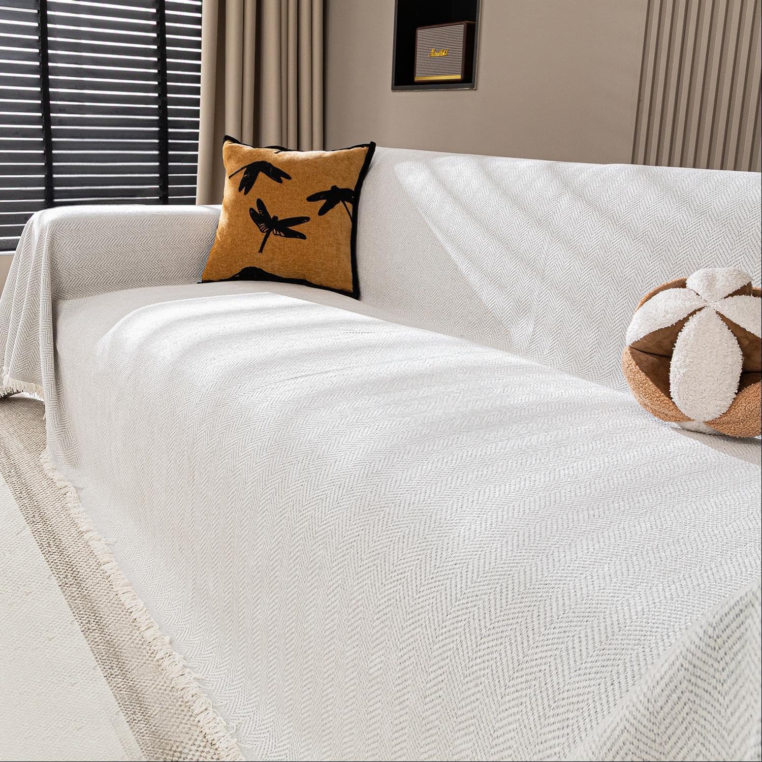 Nobildonna Chenille Couch Cover for Sofa Cover Washable Pet Scratch Couch Covers Tassel Sofa Slipcover for 2 Cushion Couch Furniture Protector Blanket for Living Room,White 71"x102"