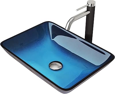 Kraus CGV2041412MM10G 14 Inch Irruption Blue Glass Vessel Sink With 5-1/2 Inch Bowl Depth, 1-3/4 Inch Drain Hole, 12mm Glass Thickness And Waterfall Faucet: Gold