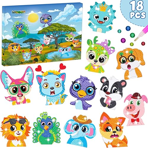 Mczan Juego de 18 calcomanías de pintura de diamantes de animales para niños, kits de arte de gemas para artes y manualidades, kits de arte de