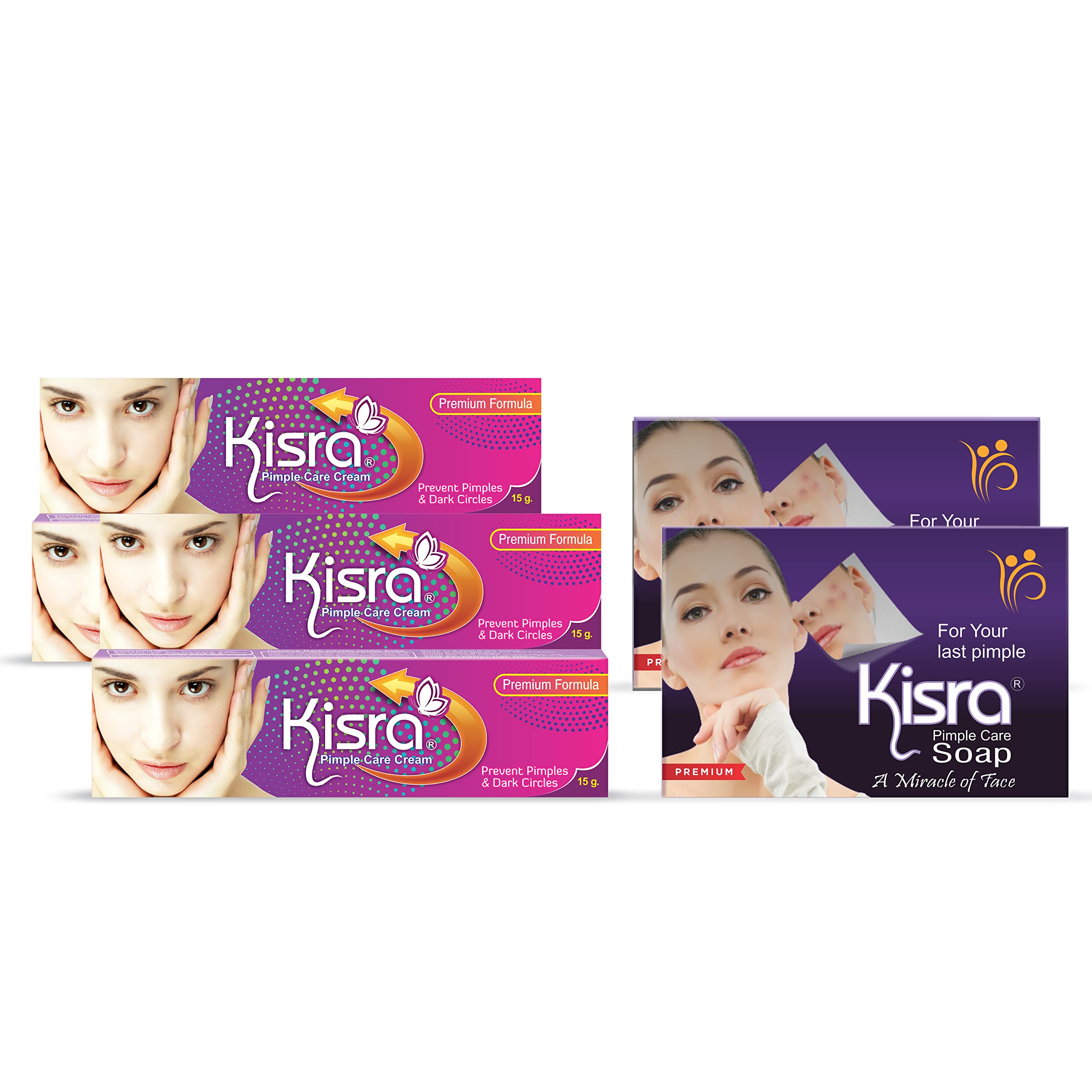 Kisra Premium Acne Prone Skin | Controls Acne Development | Clears Out Clogged Pores | Formulated Specially to Create a Barrier Against Acne Development | Pimple Care Soap and Pimple Care Cream (2 Soap and 2 Cream)