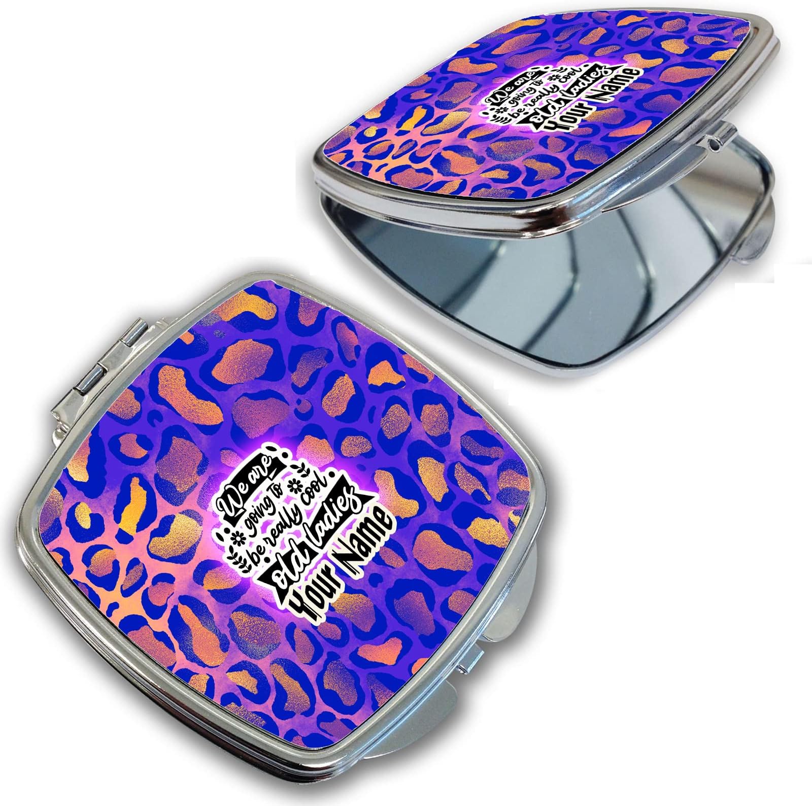 Bleu Reign Compact Personalized Pocket Mirror Custom Name Gold Purple Leopard Cool Old Ladies