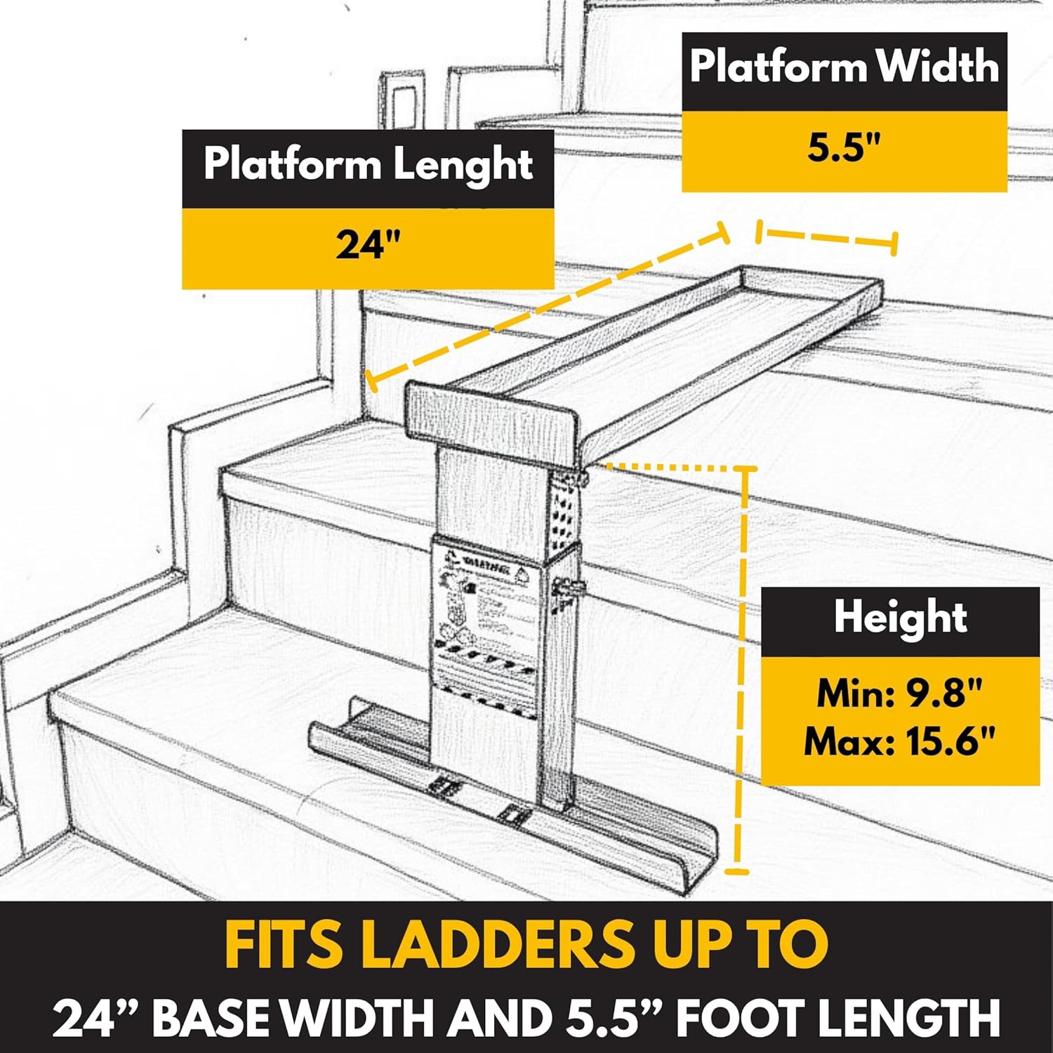 Renovatio Stair Ladder Platform – Ladder Extender & Ladder Leveler for Stairs, Heavy-Duty Adjustable Stabilizer Feet, Galvanized Steel Stairwell Scaffold Platform, 450 lb Load, 24" x 5.5"