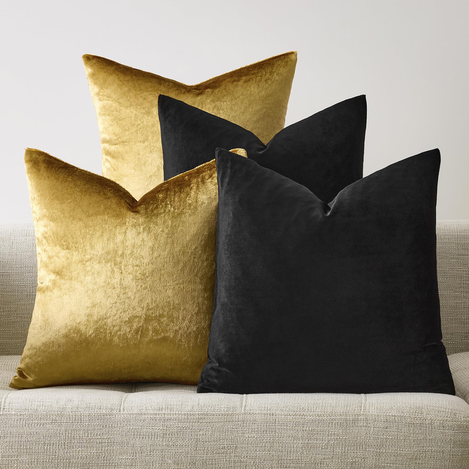 Decorative Throw Pillow Covers 18 x 18,Gold Black Soft, Set of 4 Square Velvet Cushion Covers