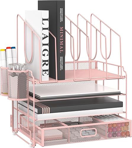 DALTACK Organizador de escritorio de malla de 4 niveles con cajón, organizador de escritorio con 5 soportes verticales para archivos y 2 soportes