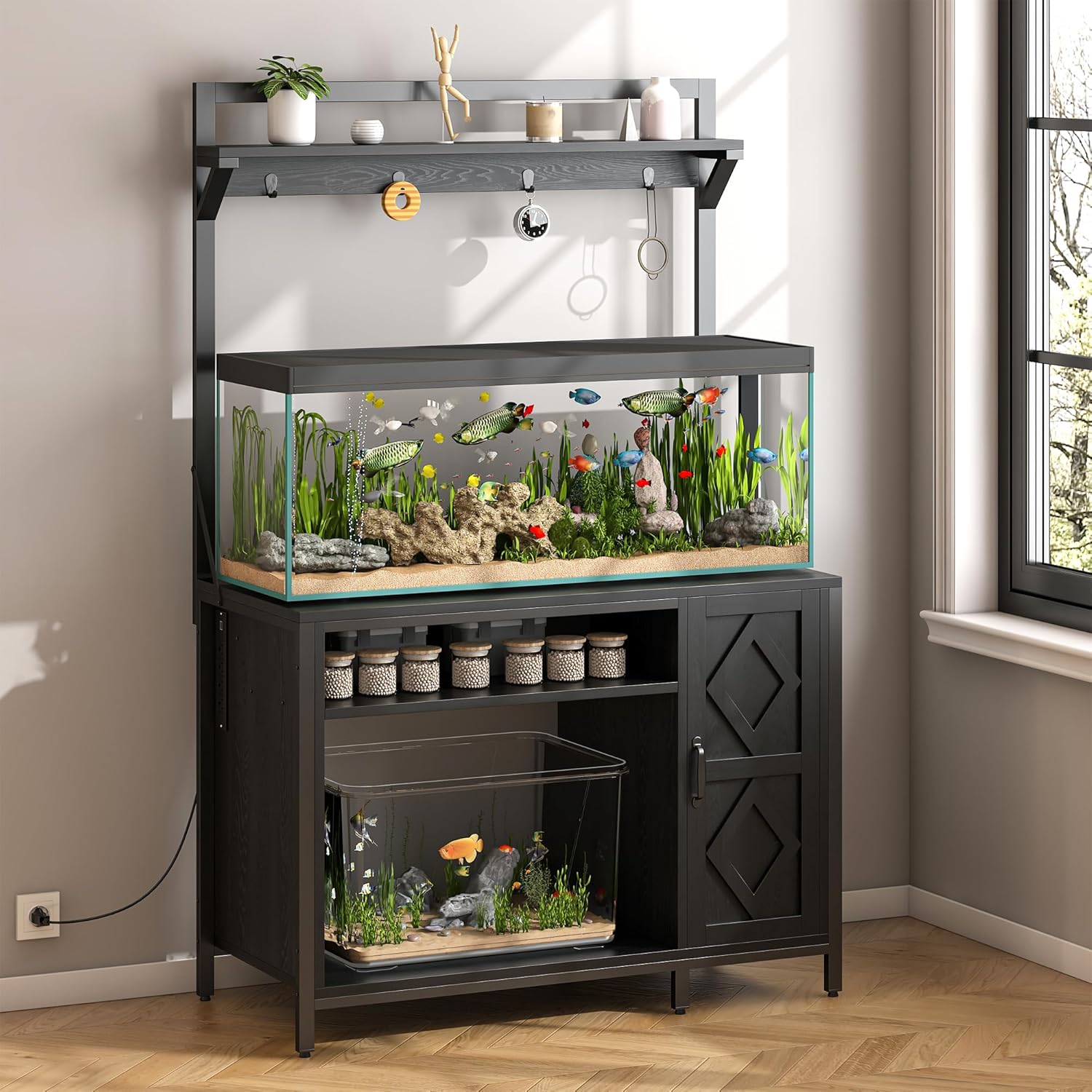 40-50 Gallon Diamond Fish Tank Stand with Power Outlet, Heavy Duty Aquarium Cabinet with Display Shelf and 4 Hooks, Suitable for Turtle Tank, Reptile Terrarium for Home Office (Classic Black)
