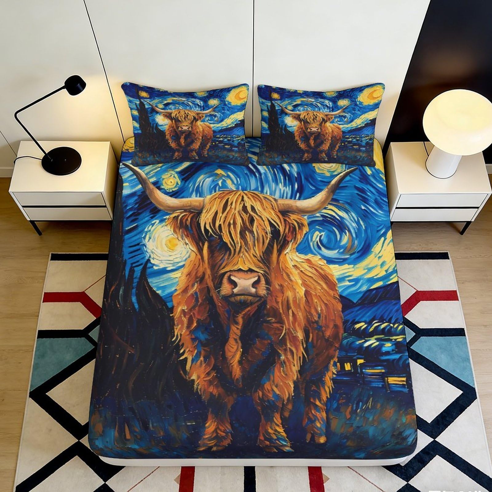 3D Printed Highland Cow Fitted Sheet Microfiber Soft Durable Starry Night Bed Cover for Bedroom Dorm Dormitory Mattress Protection Decor 160x200x25cm