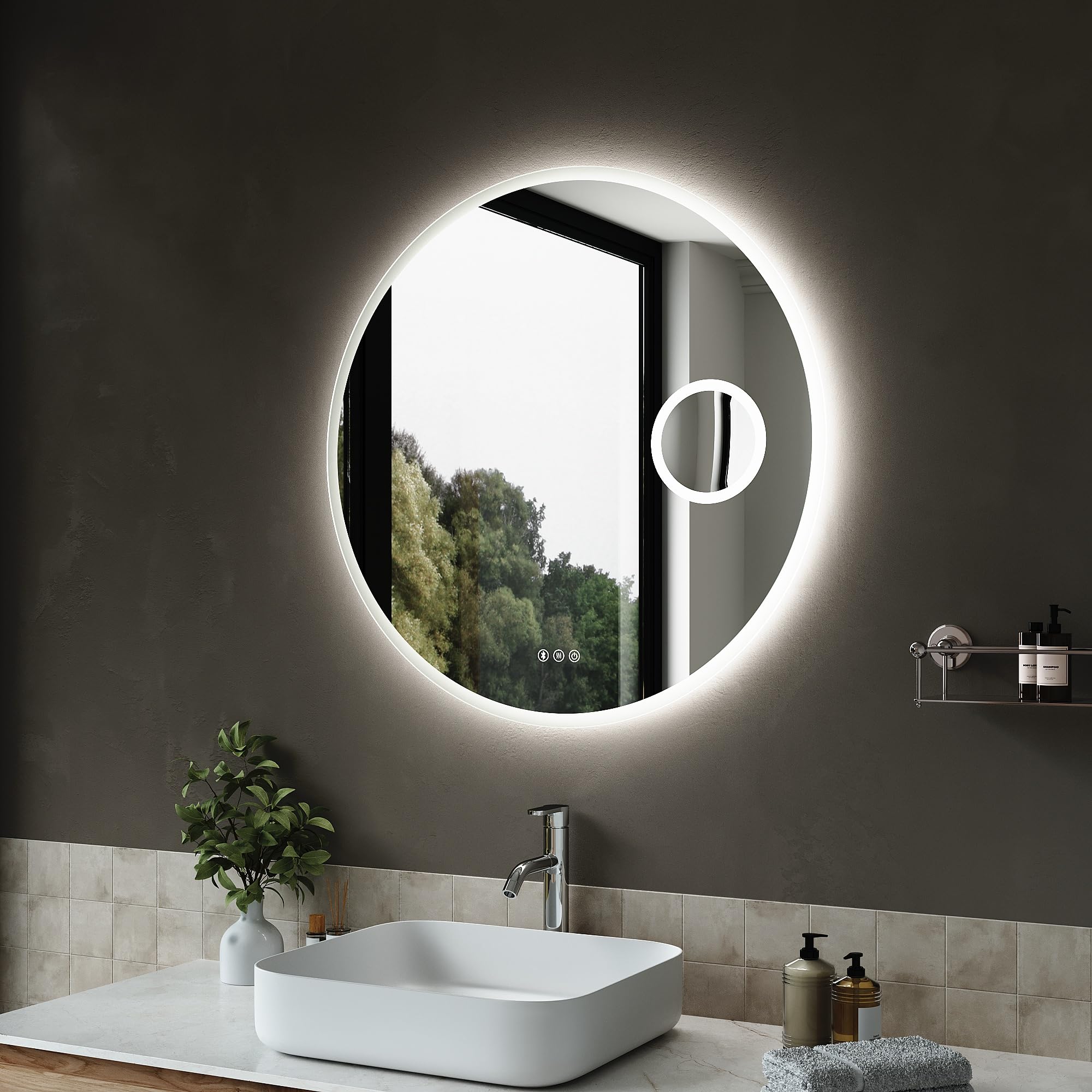 SIRHONA Specchio da bagno con illuminazione 80 cm, Bluetooth, dimmerabile, 3 colori leggeri, anti-appannamento, memoria, IP44, 3 x lente d'ingrandimento, specchio LED bagno, sensore tattile