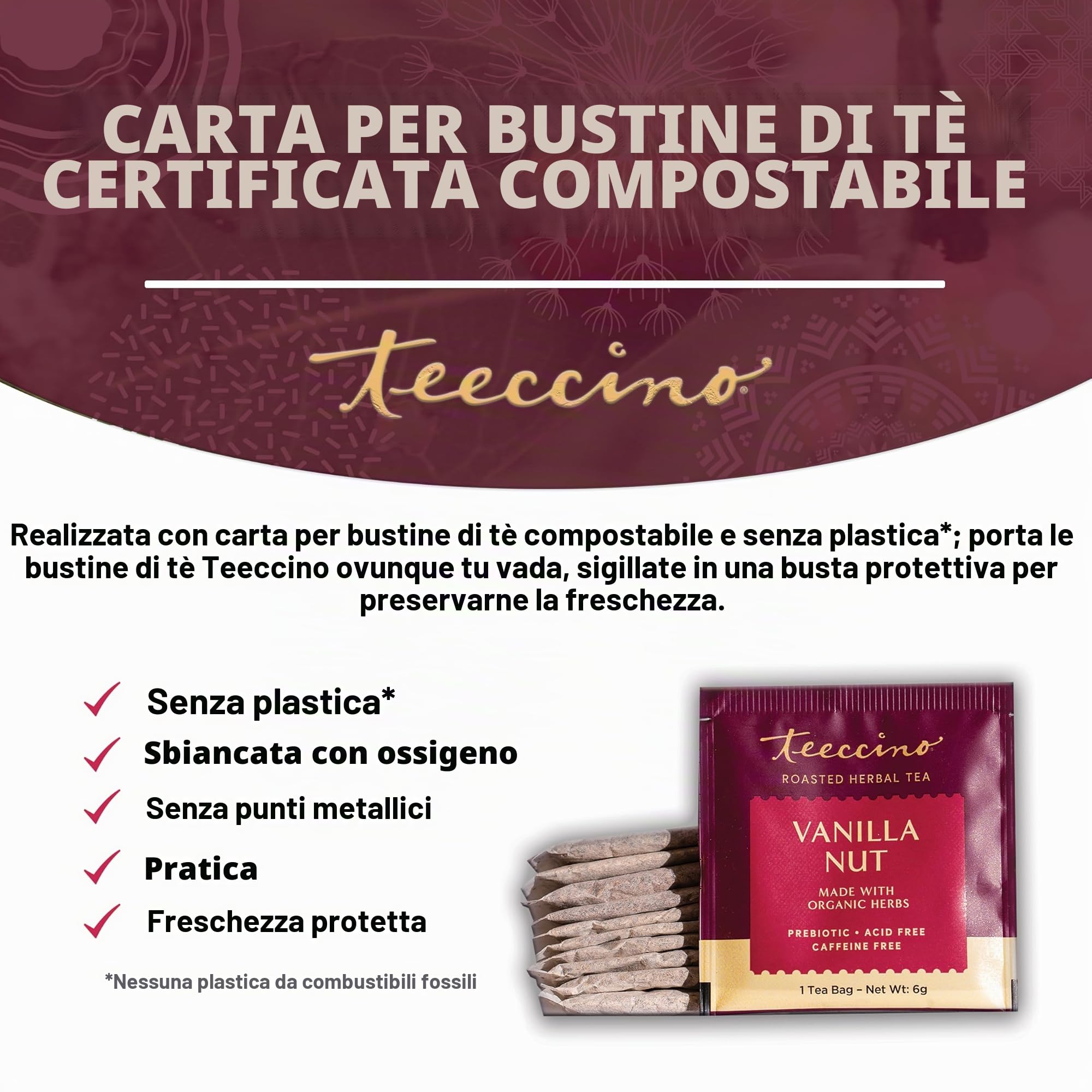 Teeccino Tisana alla Vaniglia - Tisana ricca e tostata senza caffeina e prebiotica per un'energia naturale, 25 bustine di tè