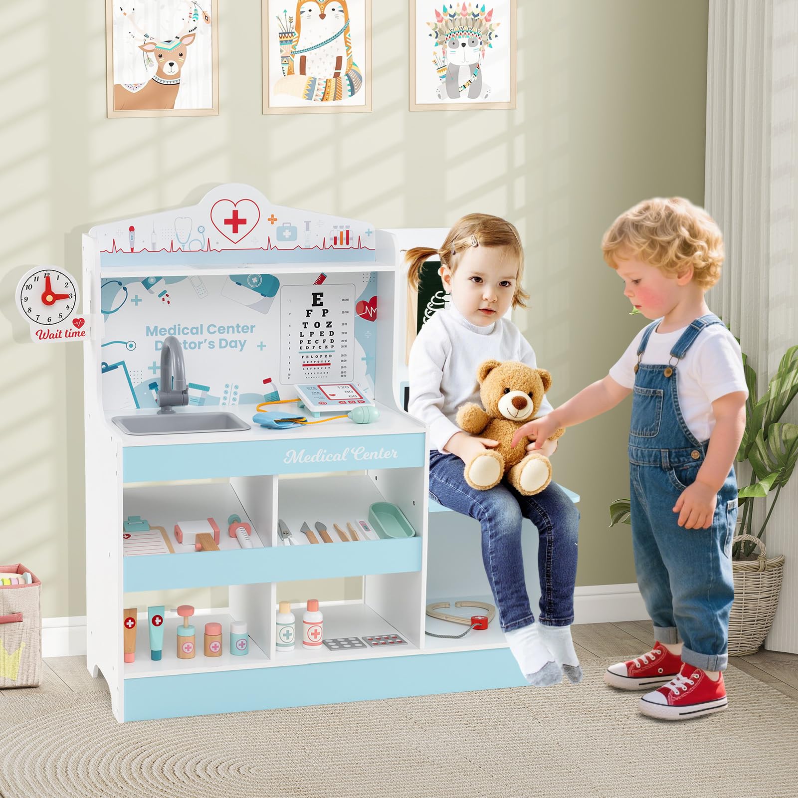 HONEY JOY Kids Wooden Doctor Play Set, 2 In 1 Checkup Medical