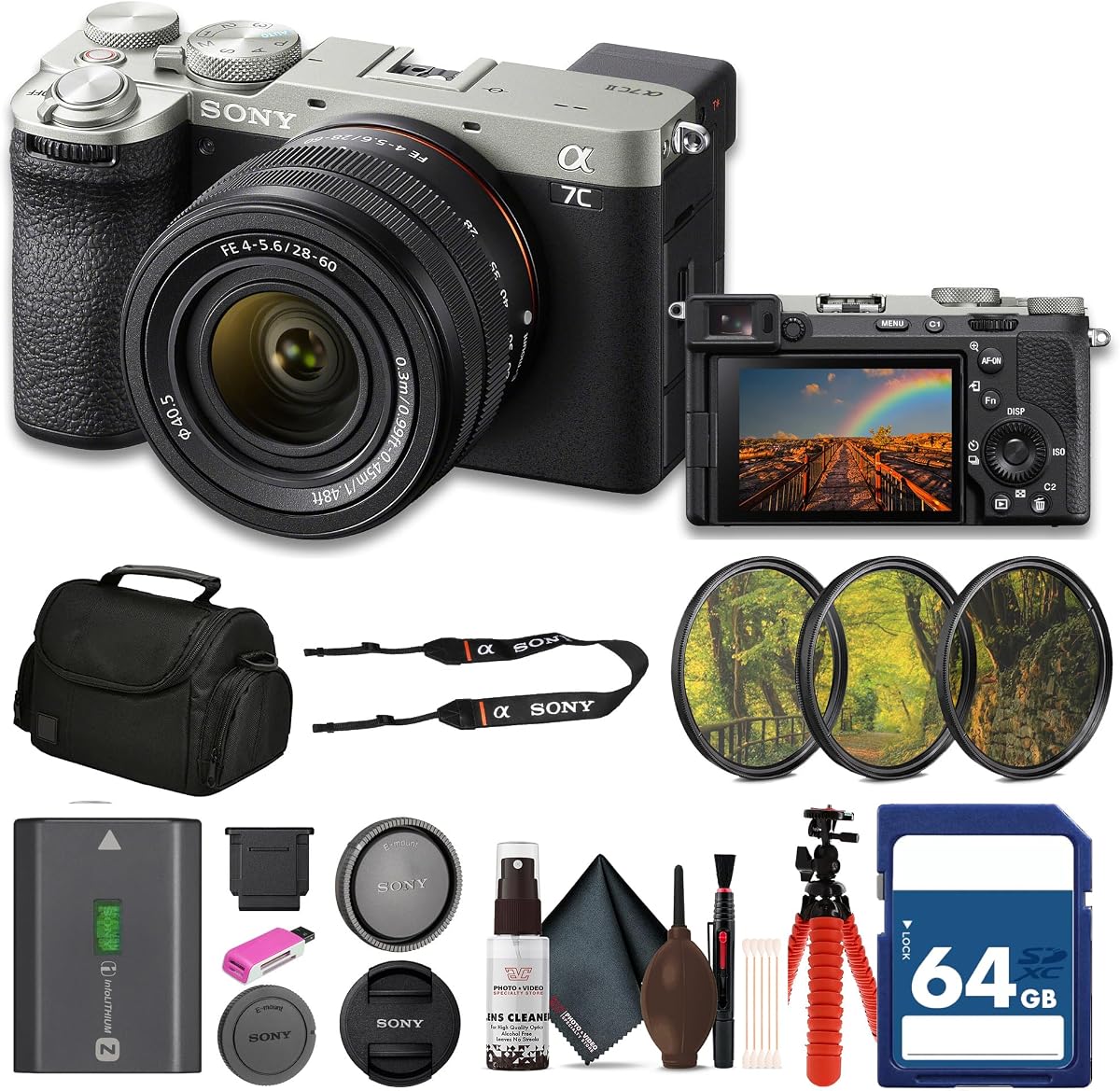 Paquete de cámara Sony Alpha 7C II con lente de 28-60 mm (plateada) | Para fotografía y vídeo | Fotograma completo | Cámara de Lentes Intercambiables + Tarjeta de Memoria de 64GB + Trípode + Kit de Limpieza + Kit de Filtros