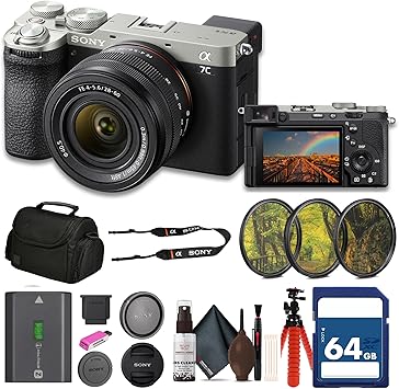 Sony Alpha 7C II Mirrorless Full-Frame Interchangeable Lens Camera - Silver with 28-60mm Lens ILCE-7CM2L/S + 64GB Card + Filter Kit + Bag + Card Reader + Flex Tripod + Cleaning Kit