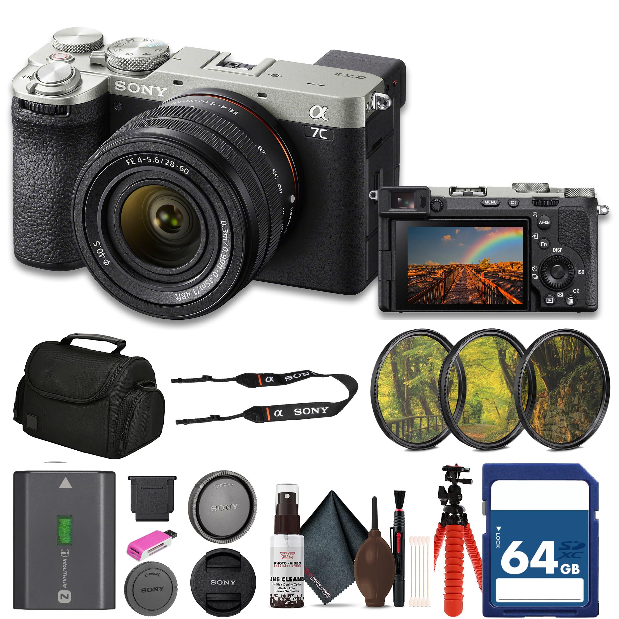 Sony Alpha 7C II Mirrorless Full-Frame Interchangeable Lens Camera - Silver with 28-60mm Lens (ILCE-7CM2L/S) + 64GB Card + Filter Kit + Bag + Card