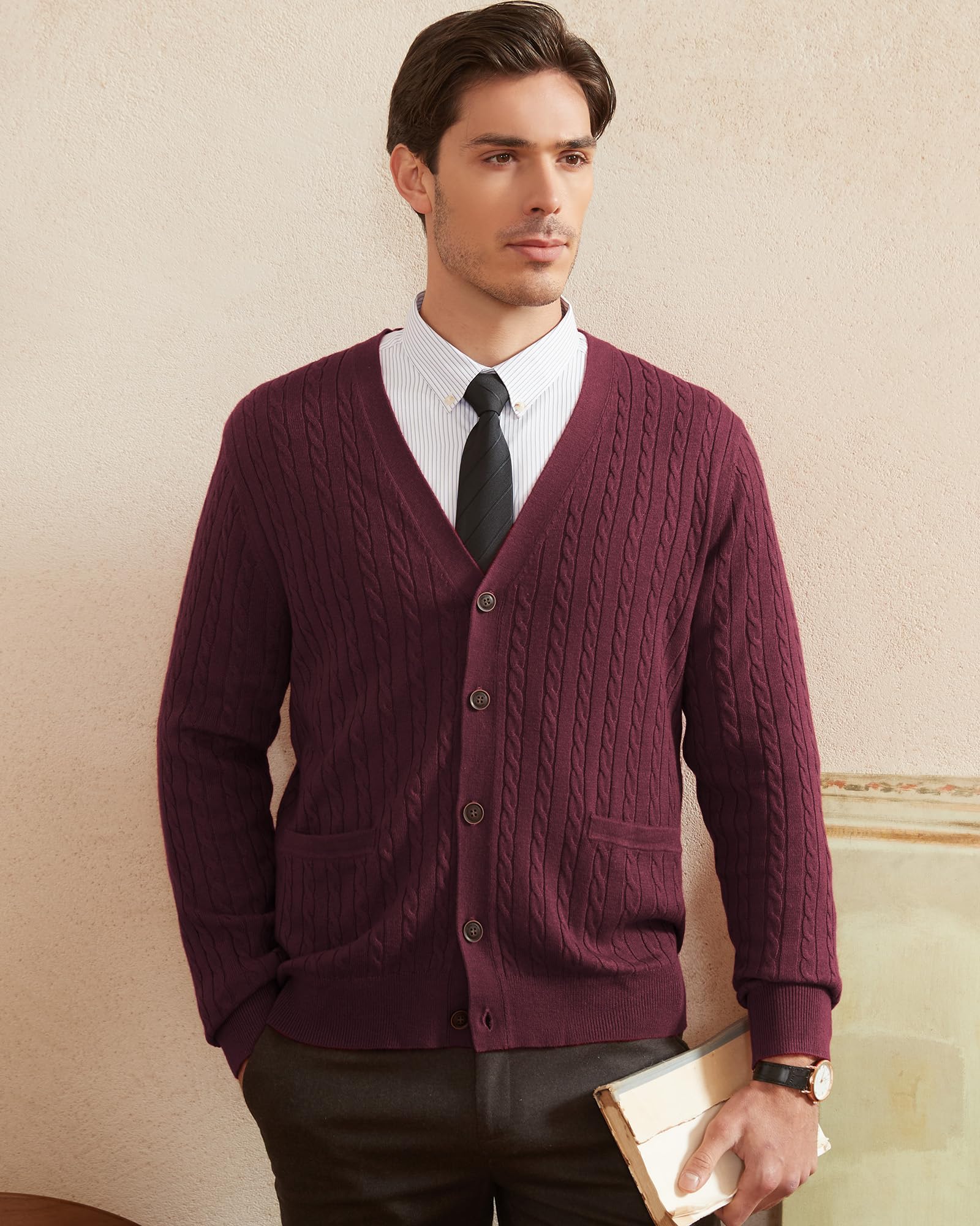 Kallspin Maglione da Uomo in Misto Lana con Maglia a Cavi e Scollo a V