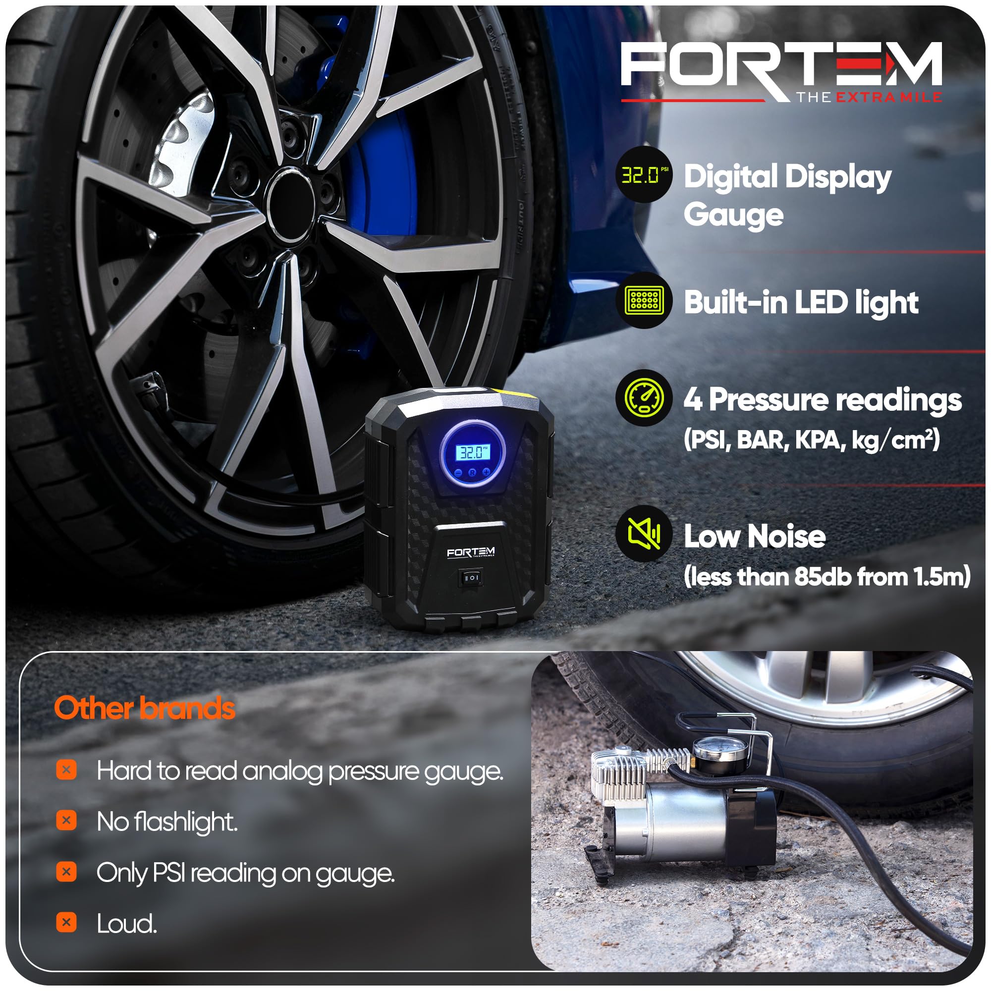 FORTEM Car Tyre Inflator 150 PSI, Air Compressor, Electric Air Pump for Car Tires, Digital Tire Pump w/Auto Pump/Shut Off, Carrying Case — view 6