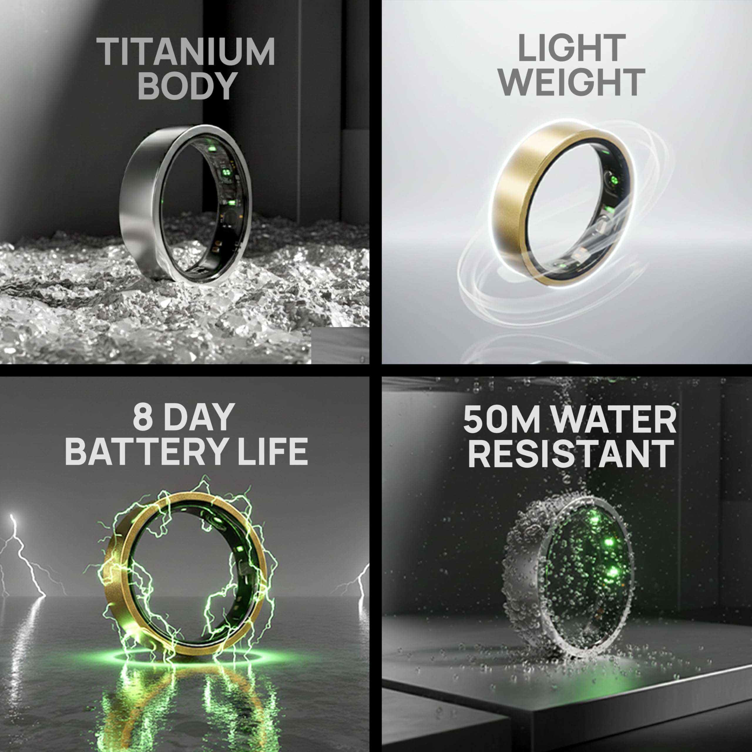HART X2 Smart-Ring, Größe zuerst mit Größenset, Schlaf-, Erholungs-, Aktivitäts- und Fitness-Tracker, 8-Tage-Akku, 50 m Wasserbeständigkeit, (Gunmetal Black, 12)