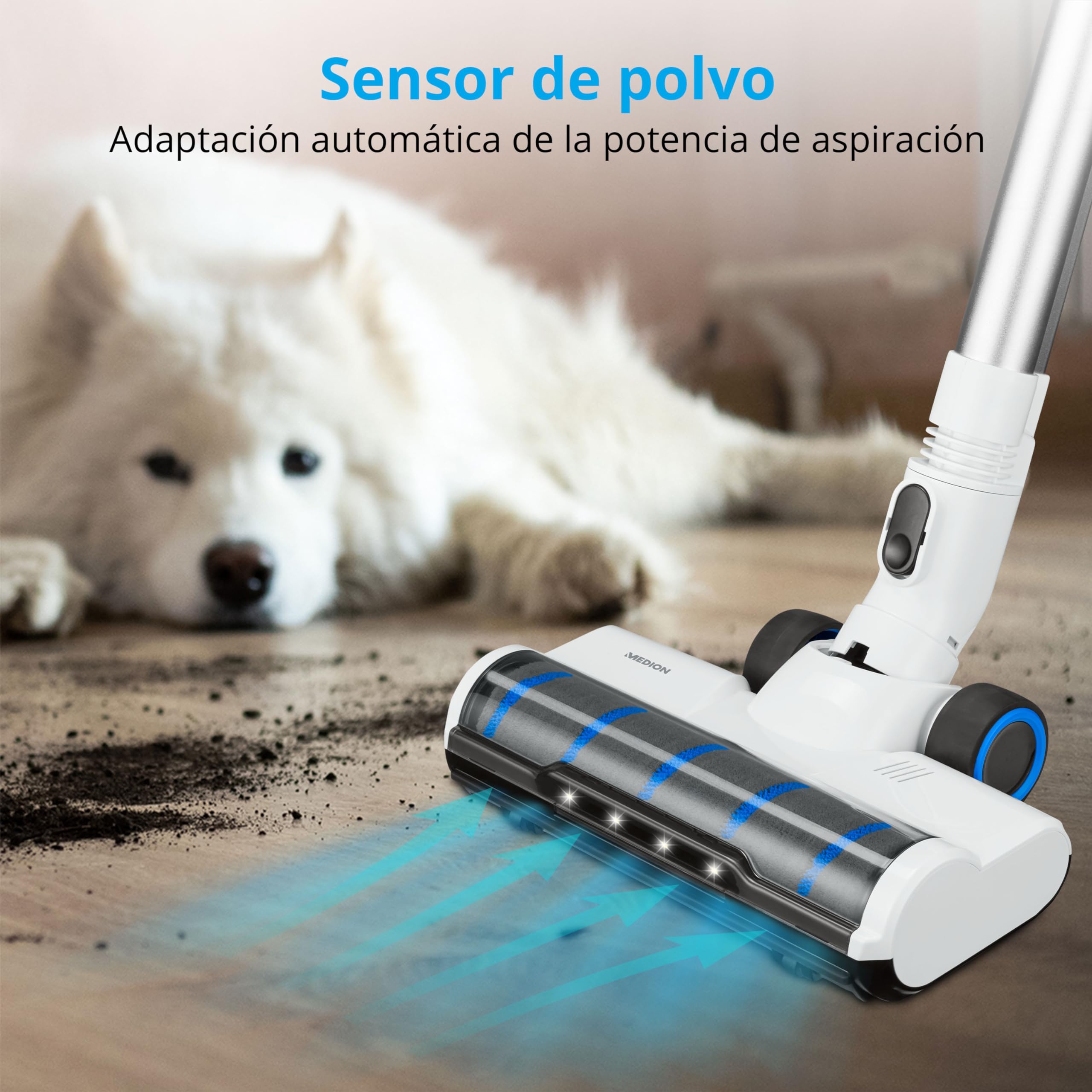 MEDION P350 W Aspirador Vertical 3 en 1, Aspirador sin Bolsa con estación de Carga y función mopa, aspiradora sin Cable con 24 kPa y 350 W, aspiradora de Mano con Pantalla táctil y Sensor de Polvo