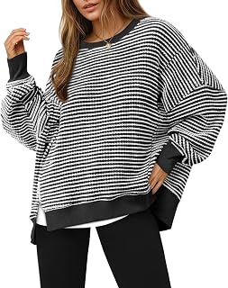 Canbebig Striped Sweatshirt Women Cute Color Block Pullover Sweatshirt Waffle Knit Long Sleeve Crewneck Split Tunic Tops