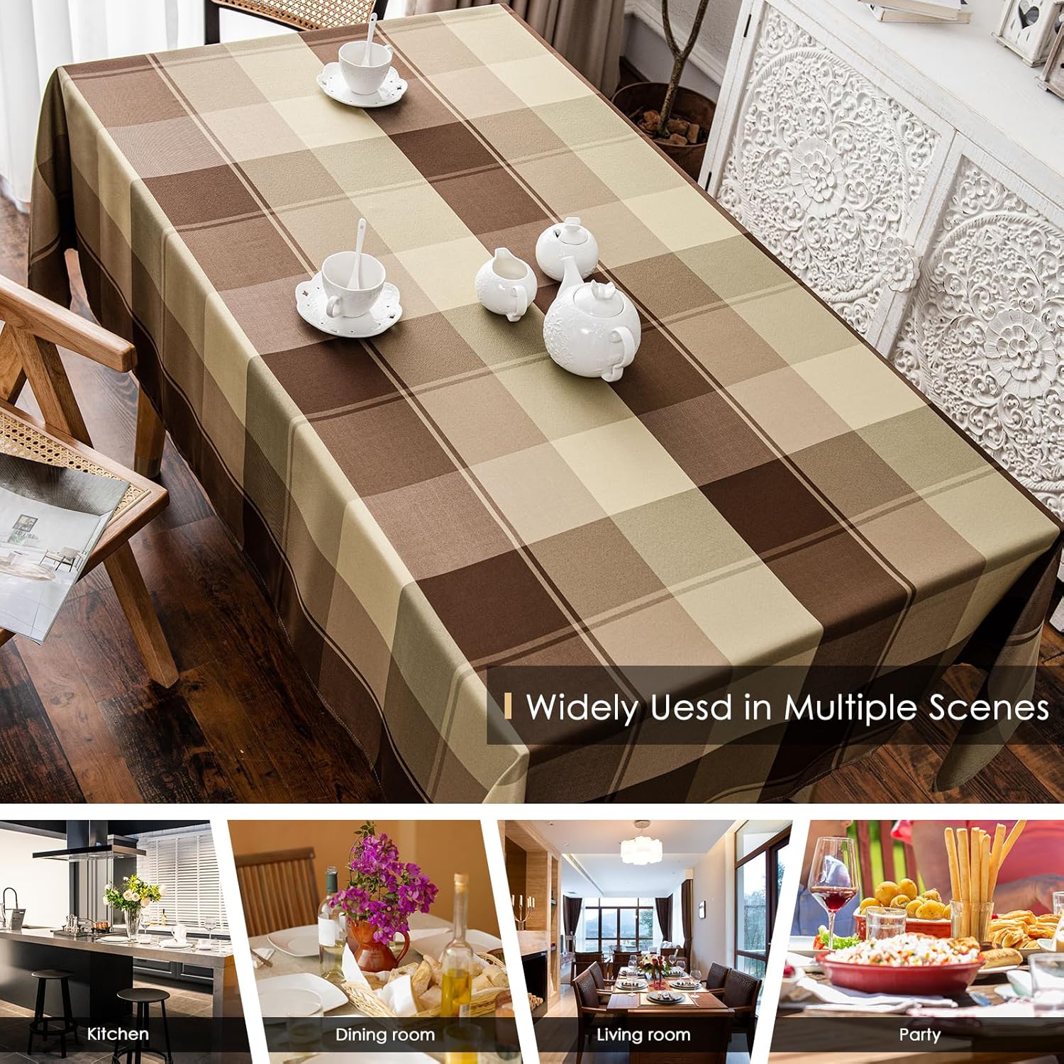 Melodieux Plaid Check Rectangle Tablecloth Holiday Outdoor Table Cover Checkered Waterproof Wrinkle Resistant Party Tabletop Decoration Kitchen Dining Room, 52" x 70", Taupe