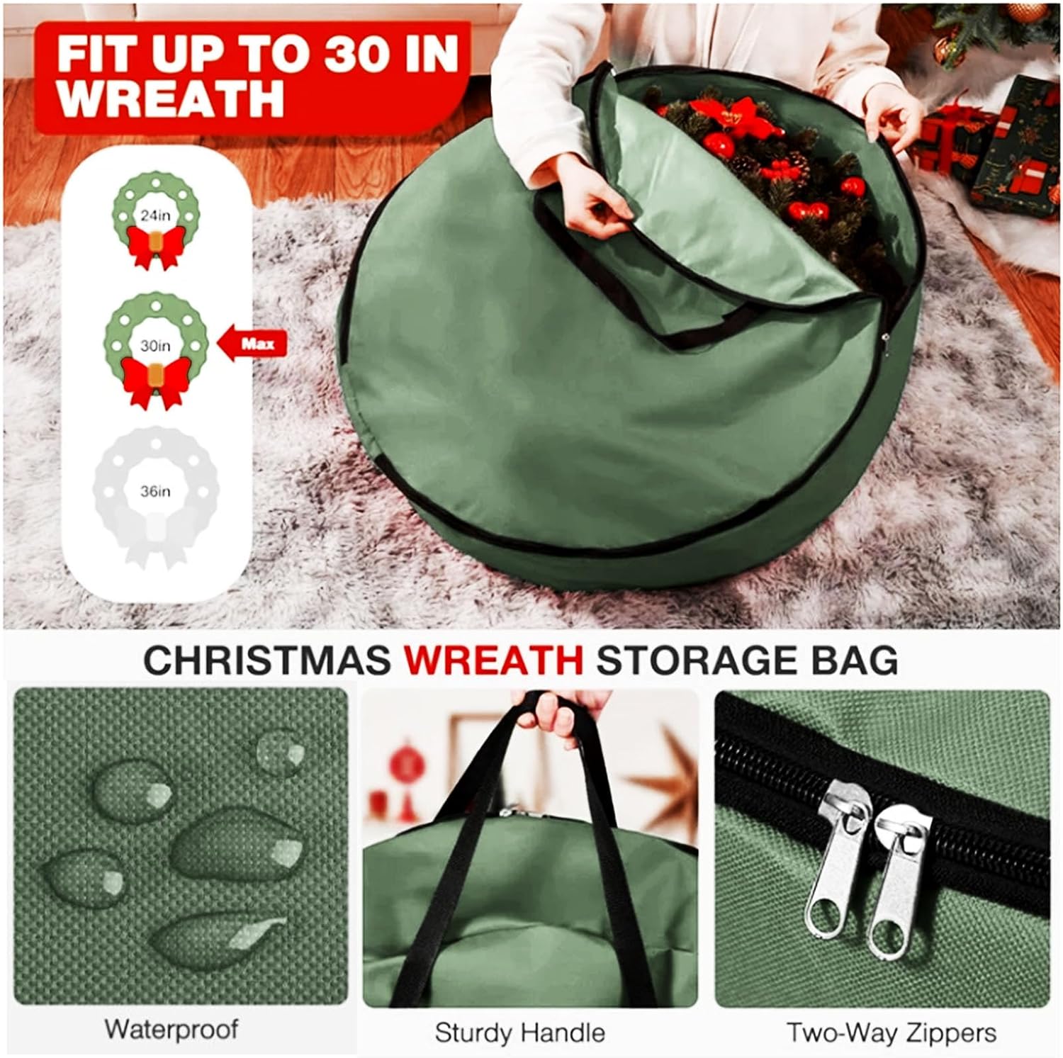 Christmas Tree Storage Bag Set of 3, Fits 7.5ft Artificial Xmas Tree, 2 Square + 1 Round Oxford Cloth Bags with Handles, Holiday Decor Organization (Green)